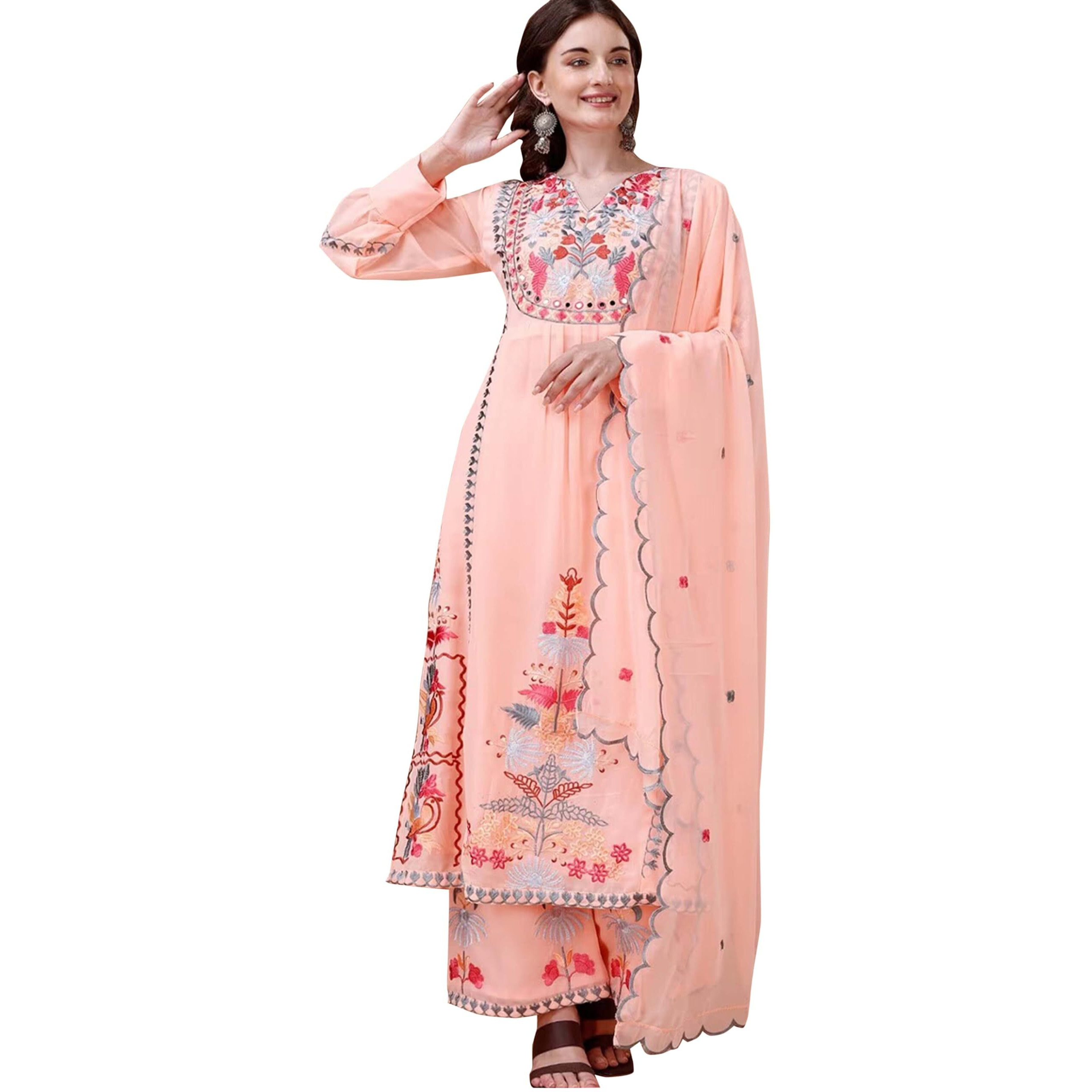 Fashion Basket Women's Faux Georgette Embroidered Straight Kurta with Dupatta (XXX-Large, Peach)