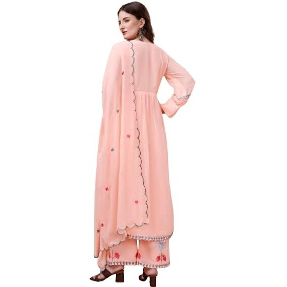 Fashion Basket Women's Faux Georgette Embroidered Straight Kurta with Dupatta (XXX-Large, Peach)