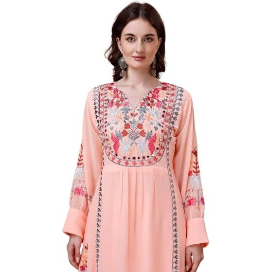Fashion Basket Women's Faux Georgette Embroidered Straight Kurta with Dupatta (XXX-Large, Peach)