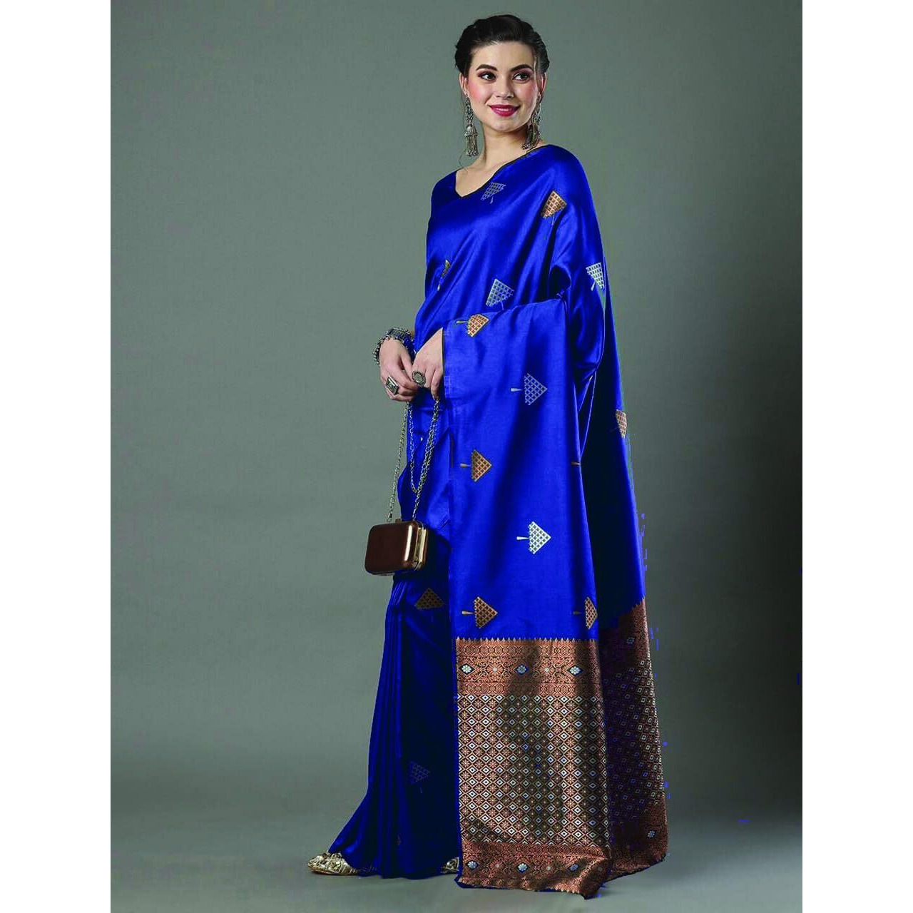 Flosive Woven Beautiful Mix Color Kanjivaram Silk Saree With Zari Weaving (ROYAL BLUE)