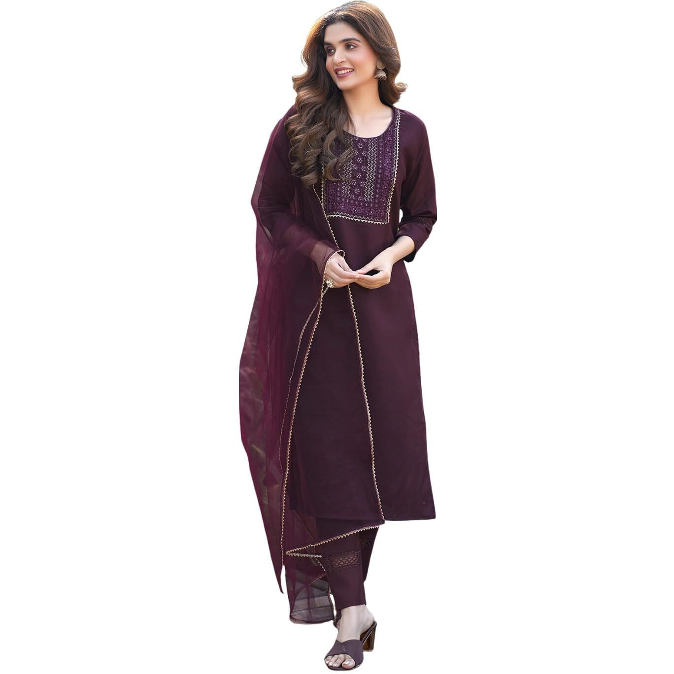 Sanisa Women's Cotton Blend Embroidery & Sequence Work Straight Kurta with Pant and Gota Lace Work Dupatta (80KBD900NZ-M_Wine2)