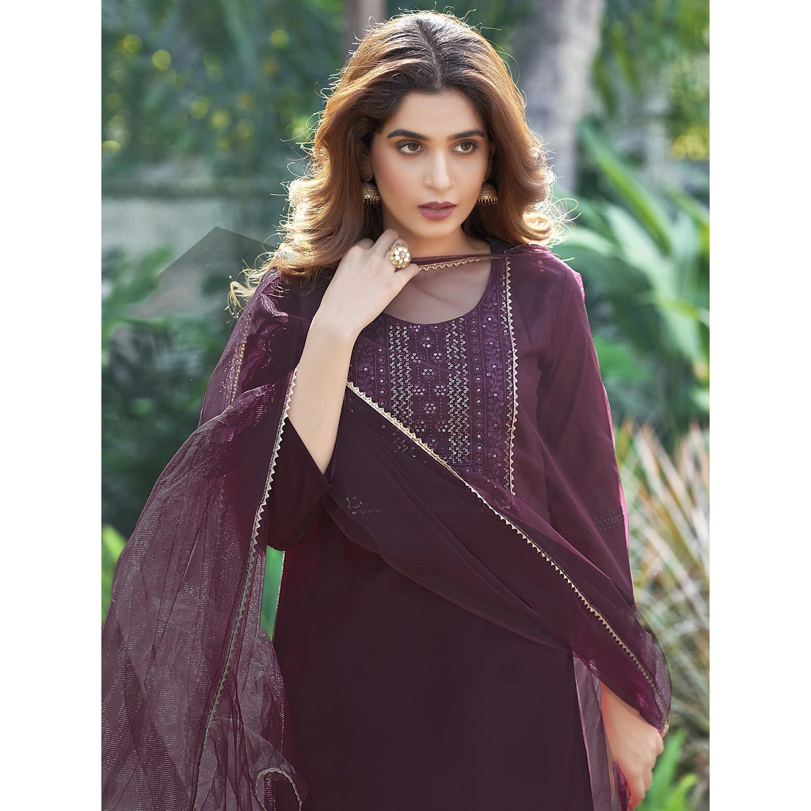 Sanisa Women's Cotton Blend Embroidery & Sequence Work Straight Kurta with Pant and Gota Lace Work Dupatta (80KBD900NZ-M_Wine2)