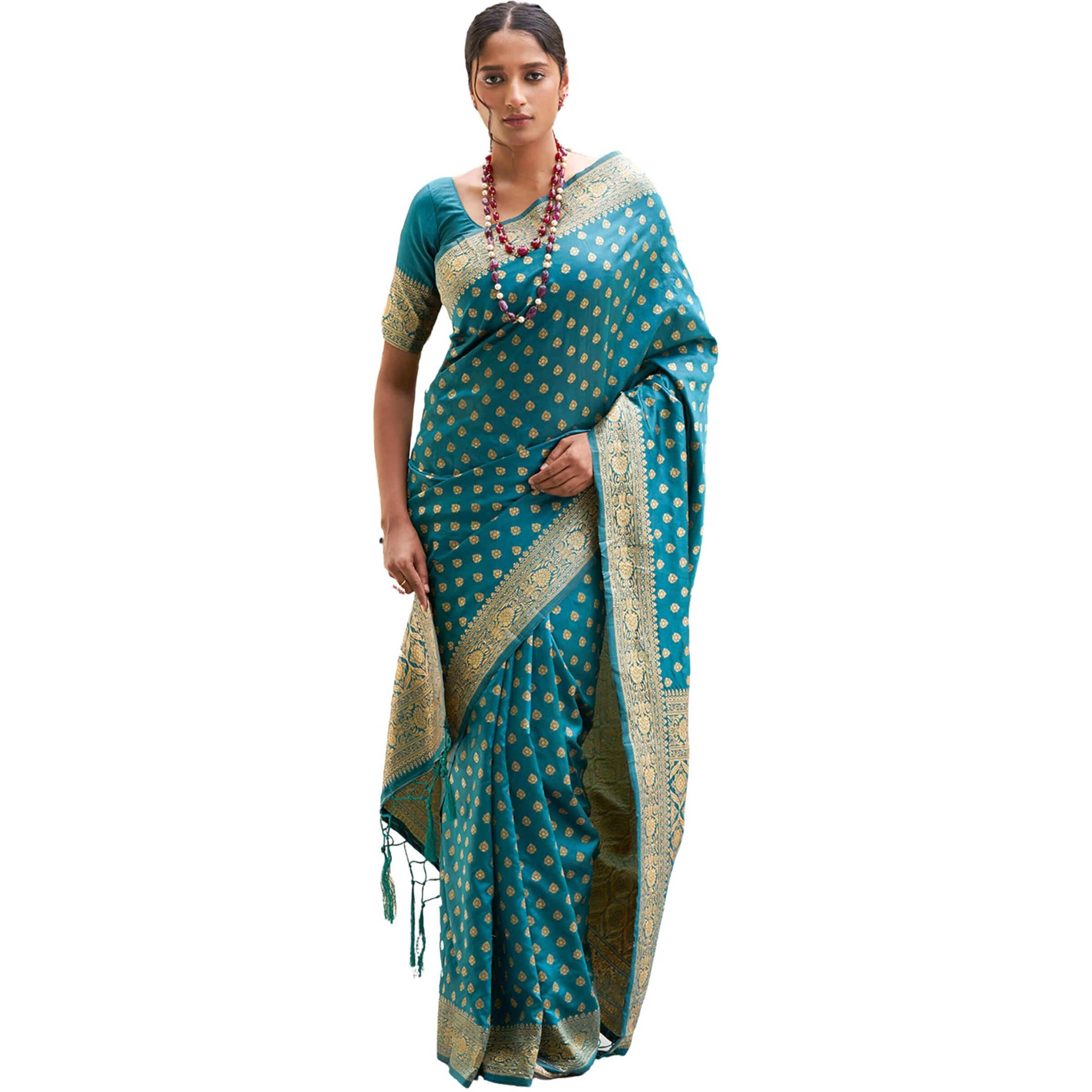 Janasya Women's Teal Green Banarasi Silk Woven Ethnic Motifs Saree with Unstitched Blouse Piece (SAR268-J)