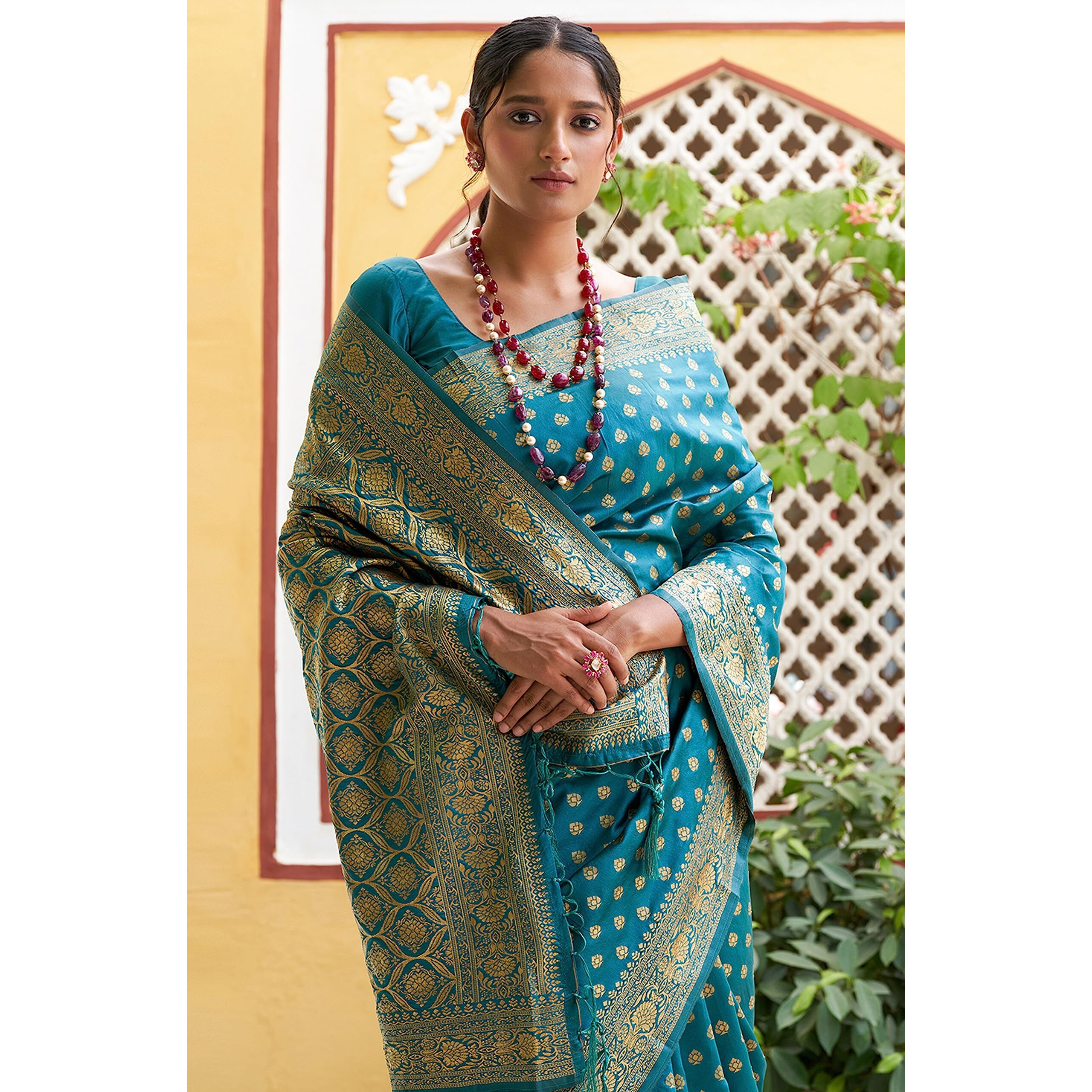 Janasya Women's Teal Green Banarasi Silk Woven Ethnic Motifs Saree with Unstitched Blouse Piece (SAR268-J)