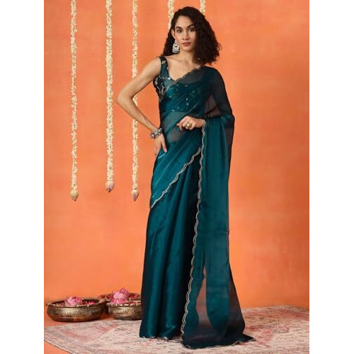 Womanista Women's Women Jimmychoo Saree ll Women Embellished Lace saree ll Women Belt saree ll Un-stitched blouse saree