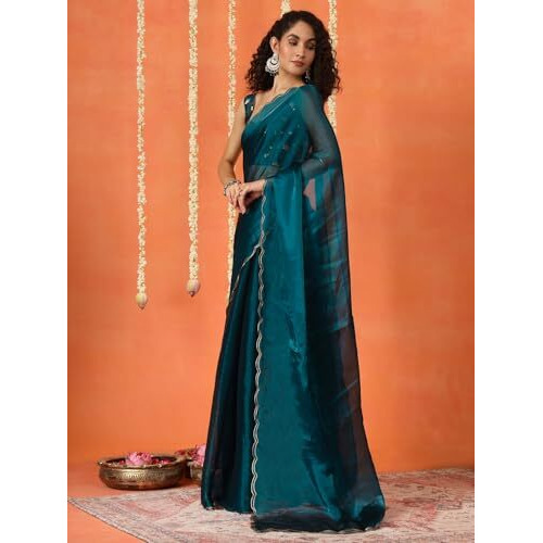 Womanista Women's Women Jimmychoo Saree ll Women Embellished Lace saree ll Women Belt saree ll Un-stitched blouse saree