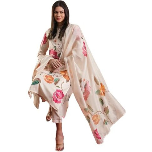 ANNI DESIGNER Women's Rayon Blend Straight Printed Kurta with Pant & Dupatta (MERLINO Cream_XL_Cream_X-Large)