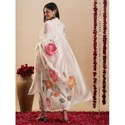 ANNI DESIGNER Women's Rayon Blend Straight Printed Kurta with Pant & Dupatta (MERLINO Cream_XL_Cream_X-Large)