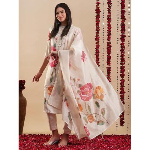 ANNI DESIGNER Women's Rayon Blend Straight Printed Kurta with Pant & Dupatta (MERLINO Cream_XL_Cream_X-Large)