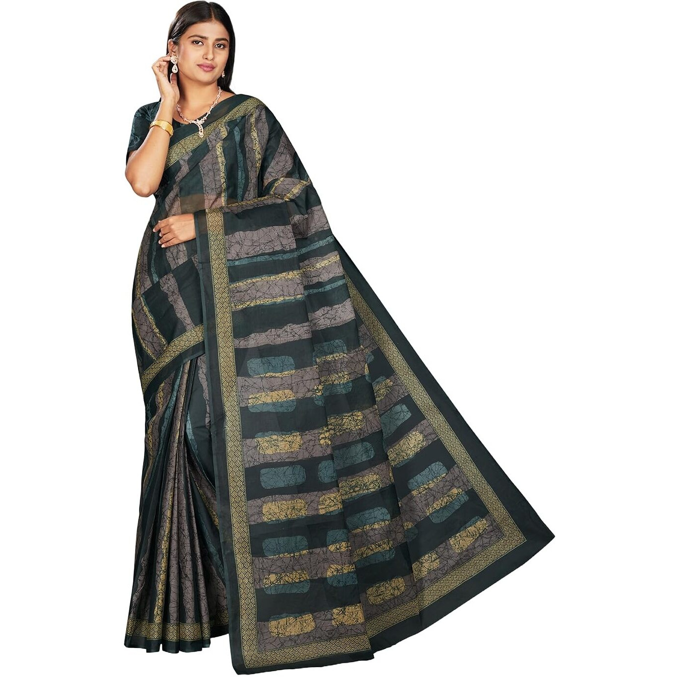 RANI SAAHIBA Women's Pure Cotton Printed Saree With Blouse Piece (SKR12201_Green 1)