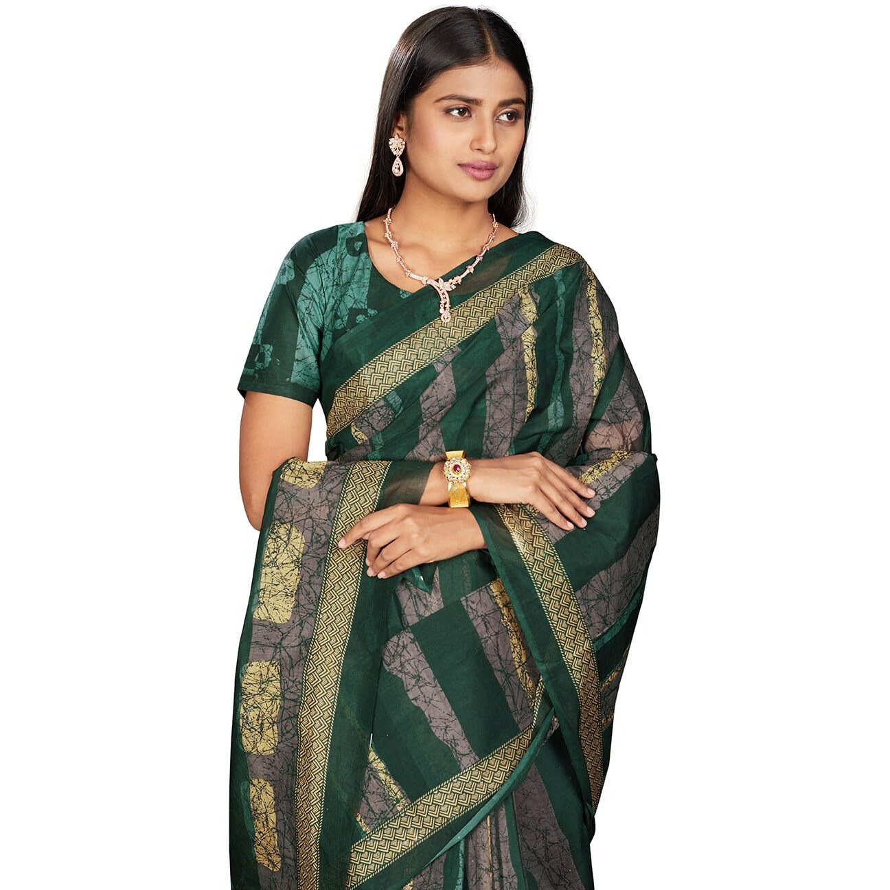 RANI SAAHIBA Women's Pure Cotton Printed Saree With Blouse Piece (SKR12201_Green 1)