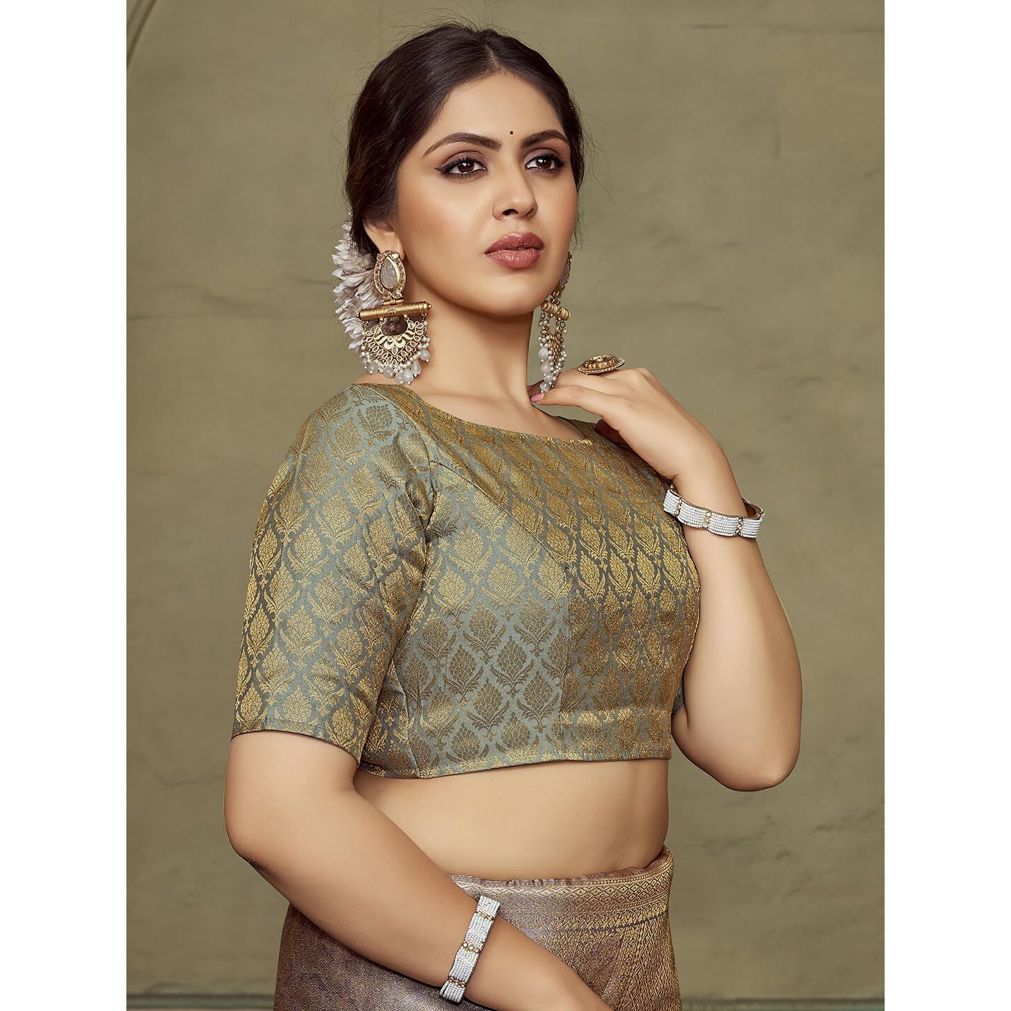 Vardha Women's Art Silk Readymade Blouse for Women Silk Saree Sleeveless Blouse Butti Designs| Boat Neck Grey Blouse
