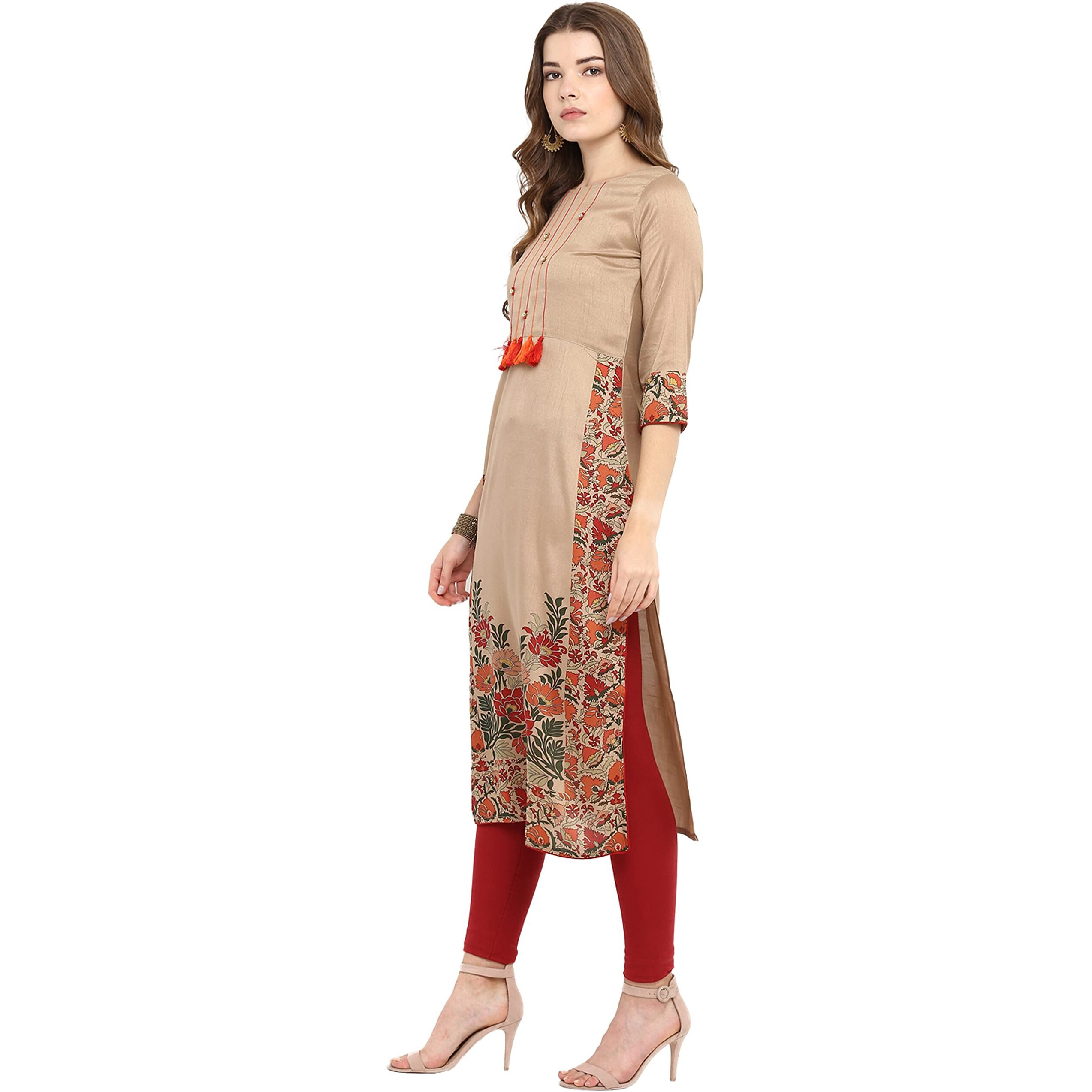 Janasya Women's Light Brown Poly Silk Floral Printed Straight Kurta(JNE2305-KR-Light Brown-J-L)