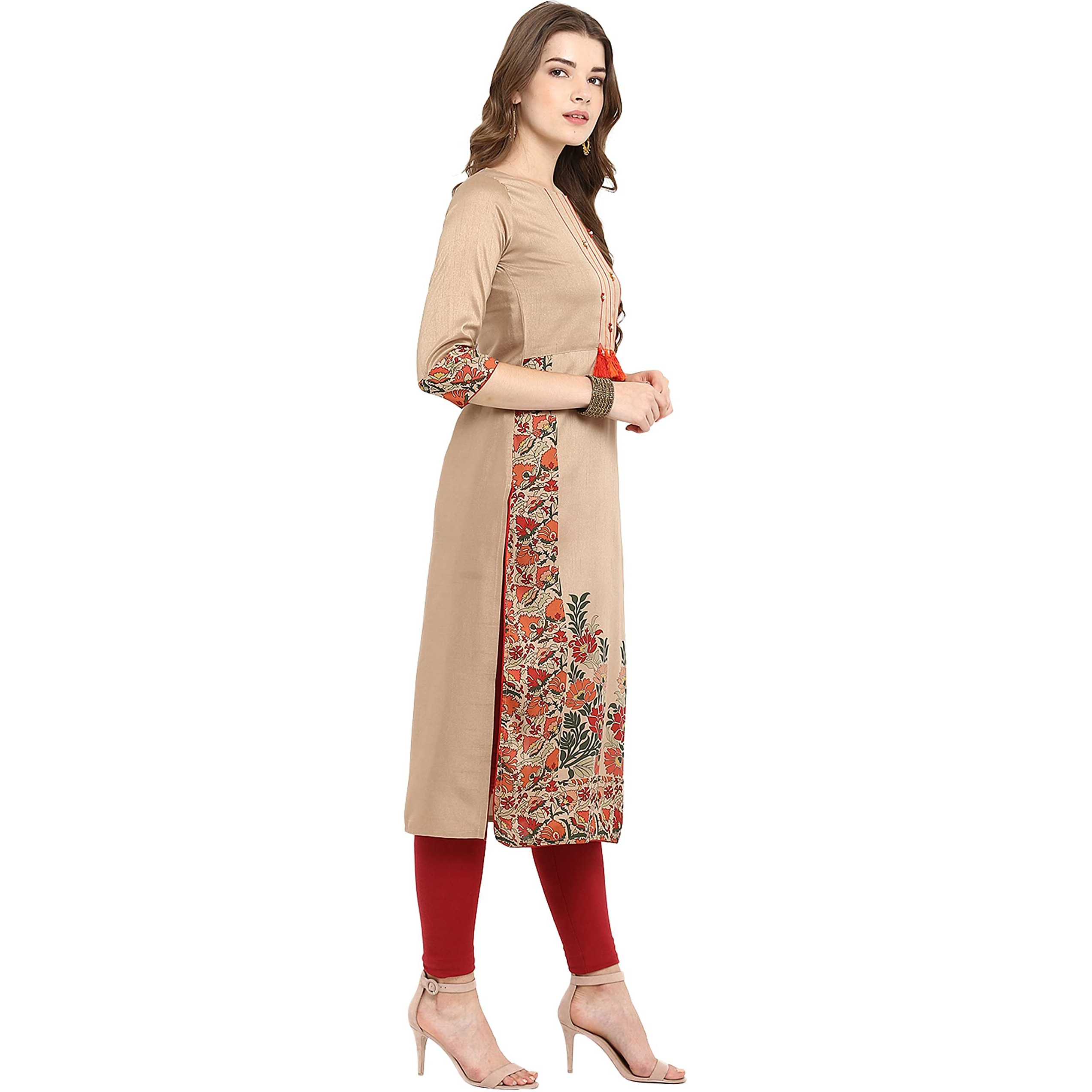 Janasya Women's Light Brown Poly Silk Floral Printed Straight Kurta(JNE2305-KR-Light Brown-J-L)