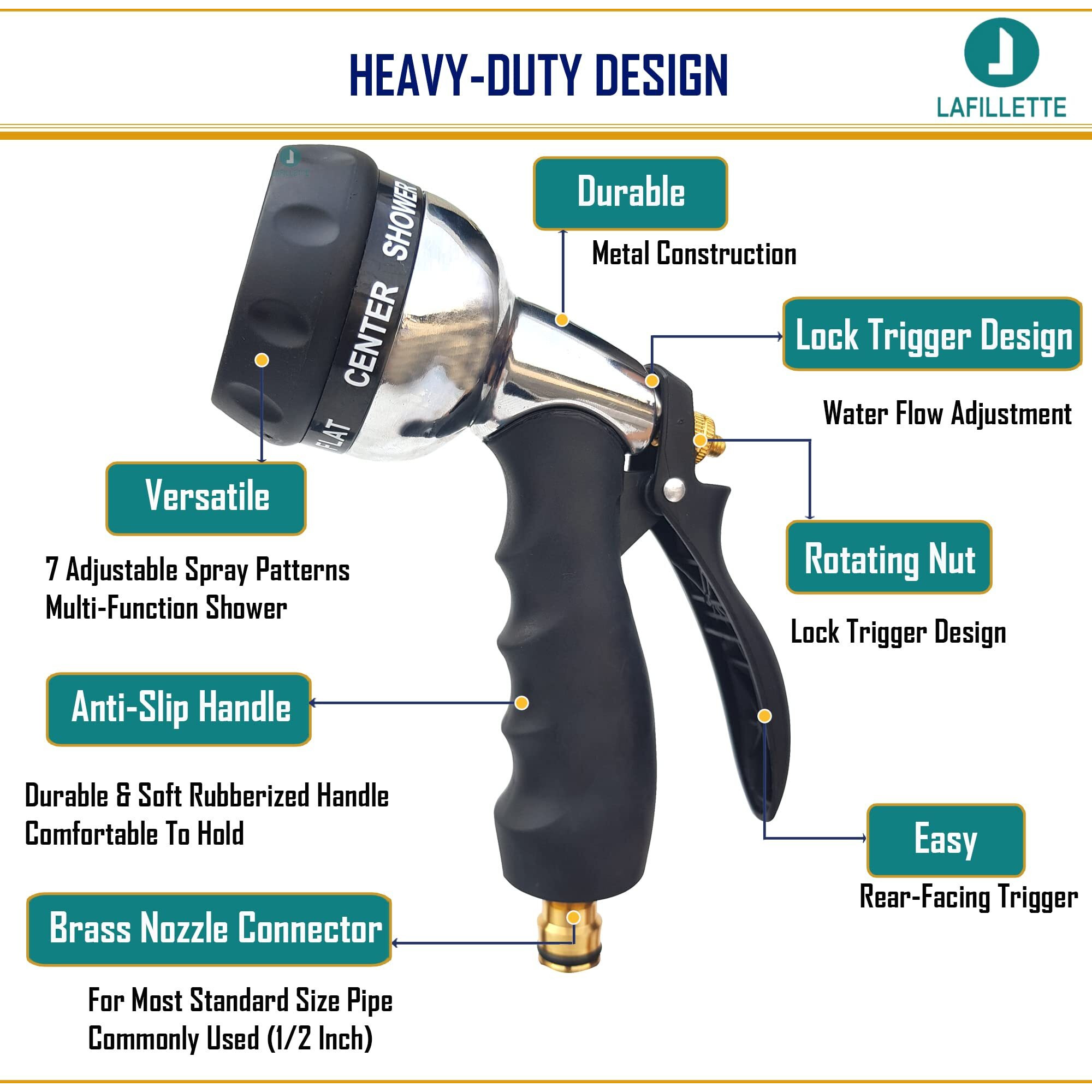LAFILLETTE Garden Hose Nozzle, Hand Sprayer, Superior Metal Water Spray 7 Adjustable Watering Patterns Best for Lawns,Plants & Shrubs, Cleaning, and Watering Plants And Car Washing Sprinkler Water Gun