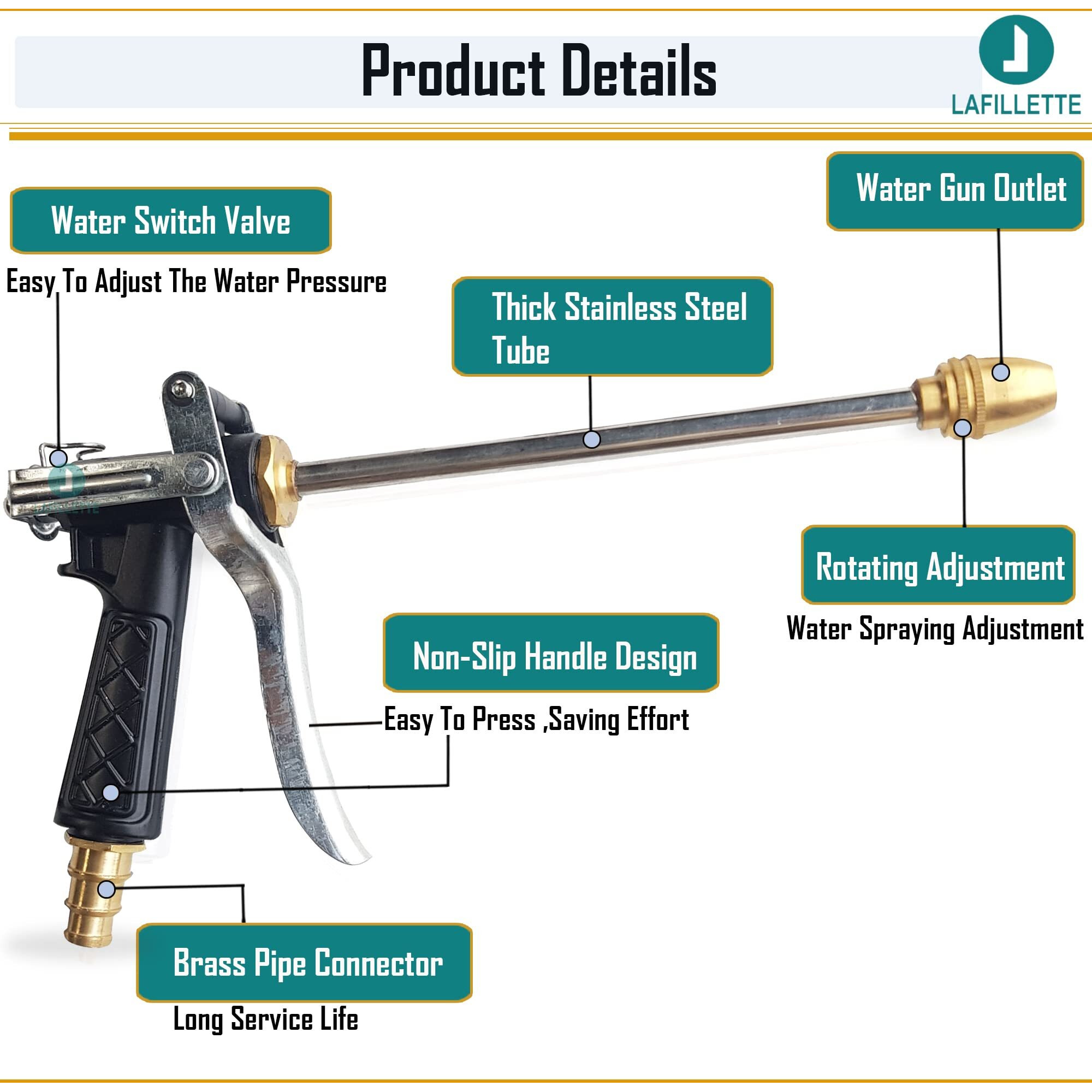 LAFILLETTE High-Performance Garden Hose Nozzle Water Spray Gun for Car/Bike/Plants - Gardening Washing Home Cleaning Water Sprinkle