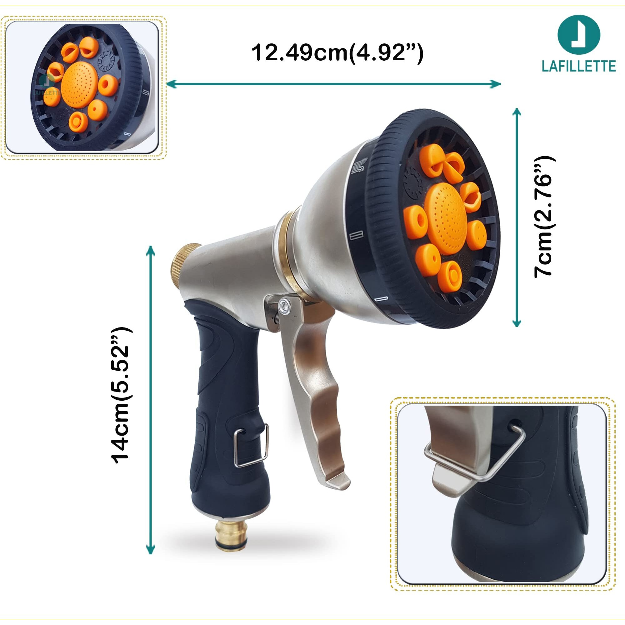 LAFILLETTE High Pressure Metal Water Gun Garden Hose Nozzle Spray with 8 Way Spray Pattern