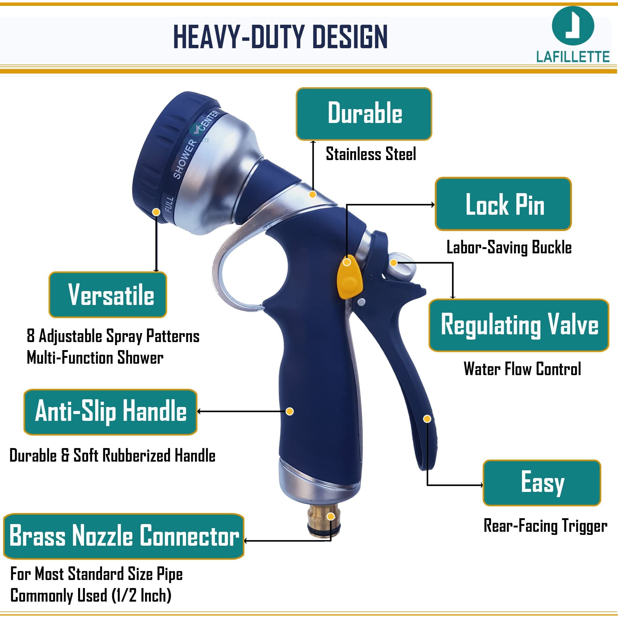 LAFILLETTE Multifunctional High Pressure Foam Water Spray Gun - Garden Hose Nozzle Hand Sprayer, 8 Pattern Metal Watering Nozzle for Car Washing, Garden Watering, Home Cleaning, Pets Washing
