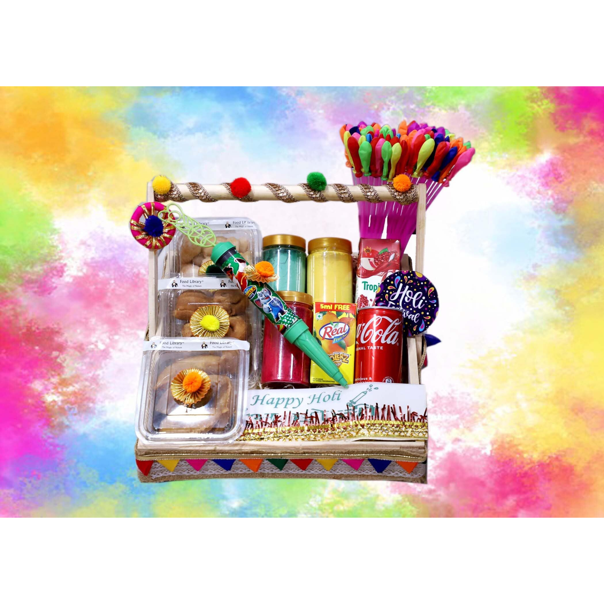 Food Library The Magic Of Nature Holi Gift Hamper | Gift Box | Festival Celebration Gift | Sweet & Namkeen Gift Box | Corporate Hamper | Colourful Pinewood with Handle Festival Gift Tray.