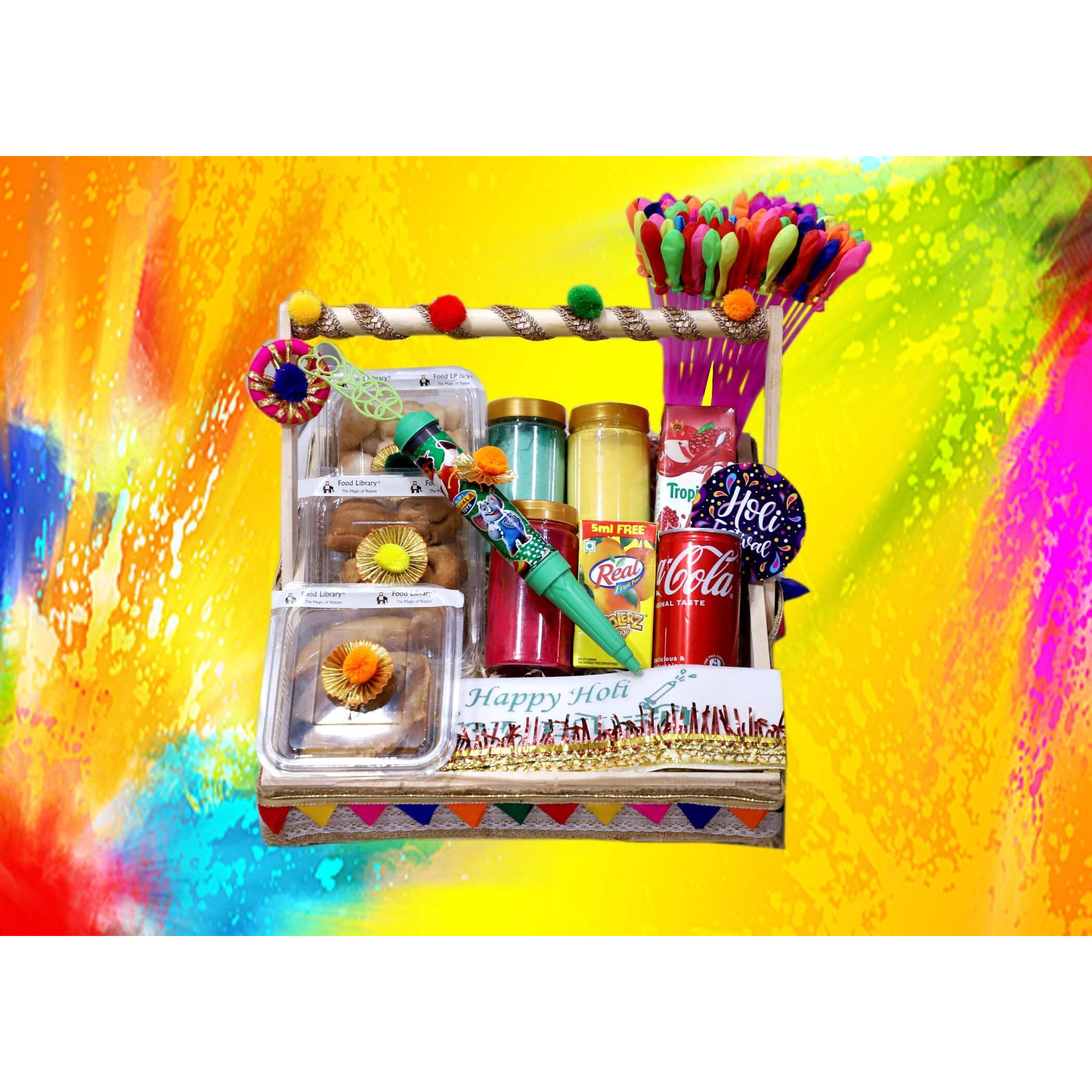 Food Library The Magic Of Nature Holi Gift Hamper | Gift Box | Festival Celebration Gift | Sweet & Namkeen Gift Box | Corporate Hamper | Colourful Pinewood with Handle Festival Gift Tray.