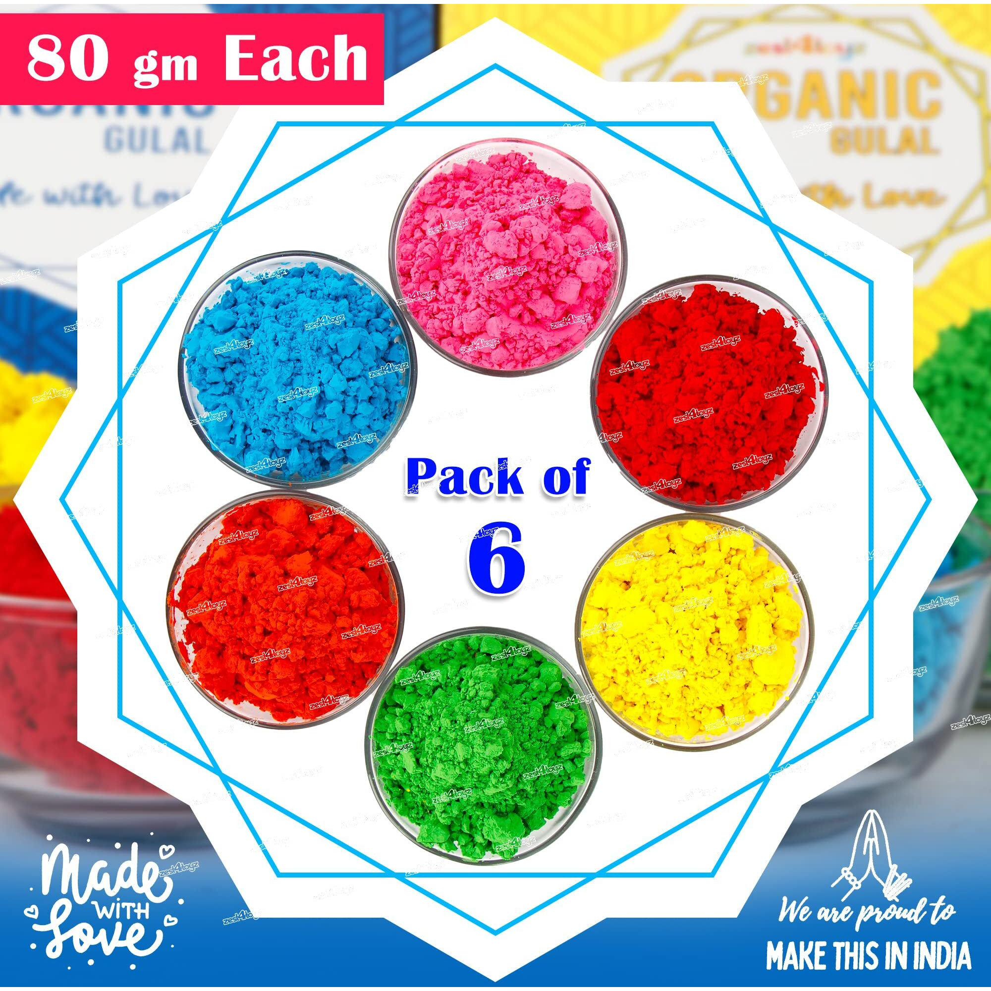 Zest 4 Toyz Holi Gulal Combo of Natural Organic Colors Holi Celebration Non-Toxic and Skin-Friendly Holi Gift Made in India (Pack of 6) Red,Blue,Green,Pink,Yellow,Orange
