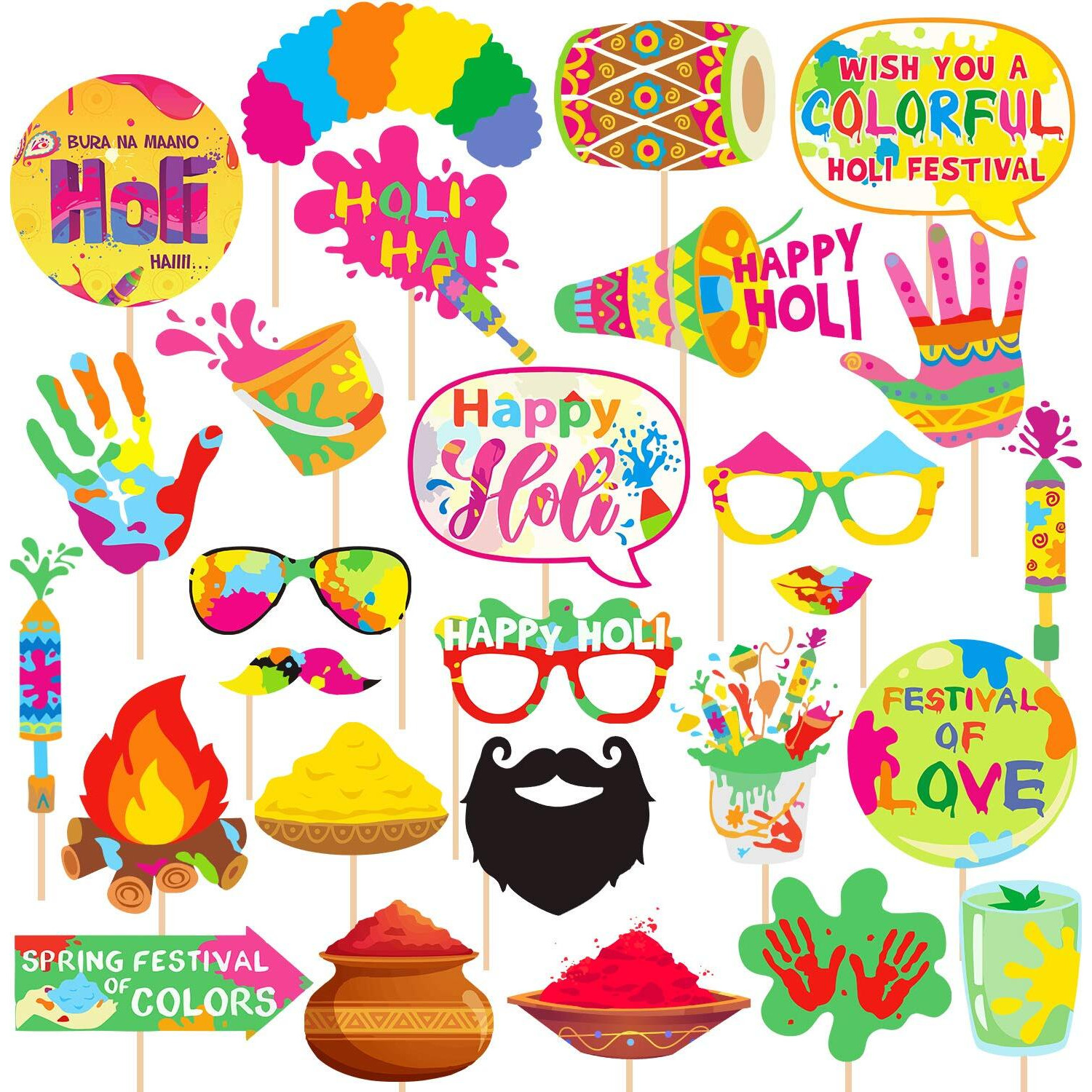 Zyozique Holi Festival Photo Props Happy Spring Indian Color Festival Photo Booths, Holi Bollywood Party Supplies, 27 PCS