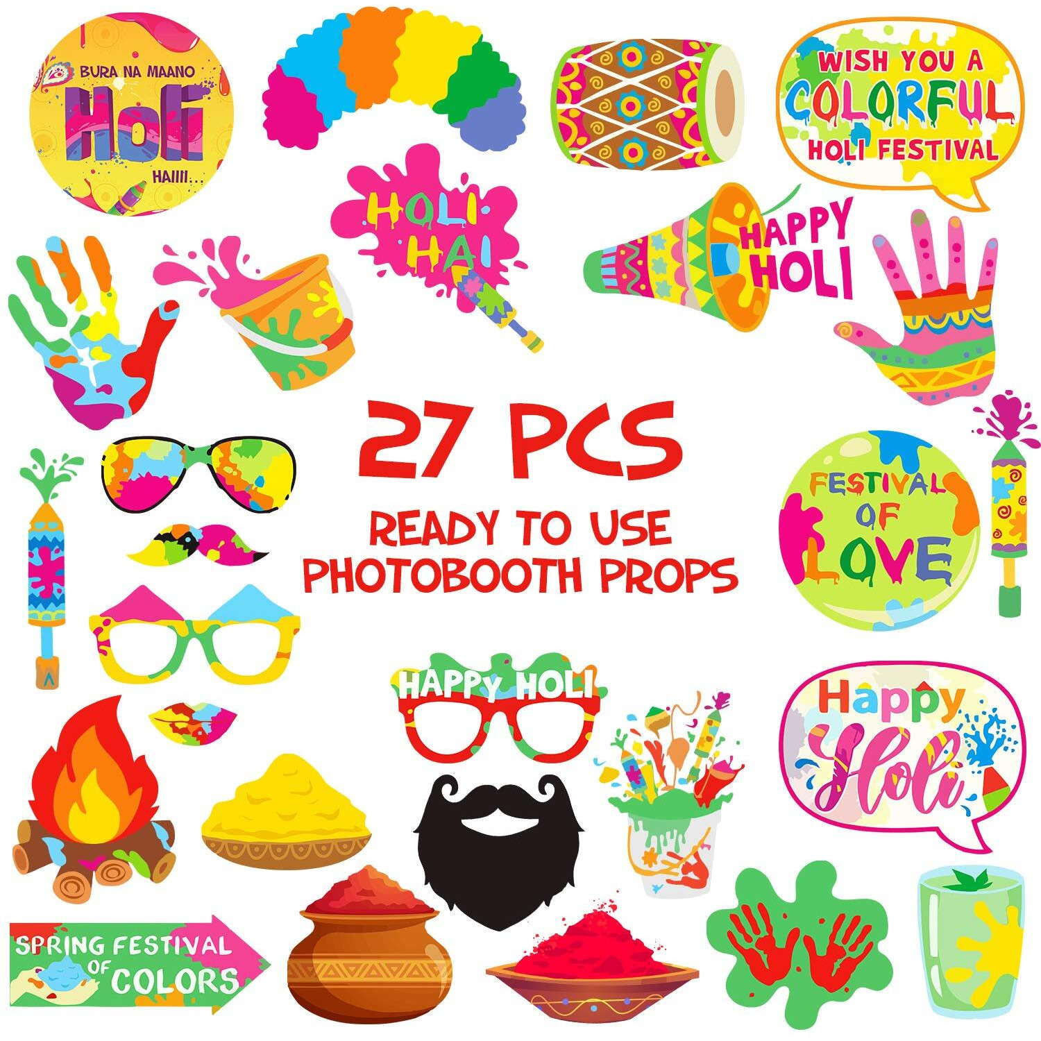 Zyozique Holi Festival Photo Props Happy Spring Indian Color Festival Photo Booths, Holi Bollywood Party Supplies, 27 PCS