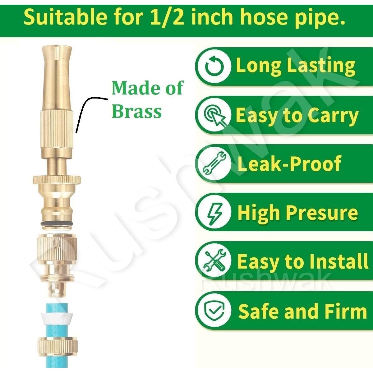 Rushwak Brass Water Spray Nozzle Suitable for 1/2" Hose Pipe Adjustable Brass Spray Nozzle Water Pressure Booster Brass Nozzle Water Spray Gun for Car Wash & Gardening Water Pressure Nozzle