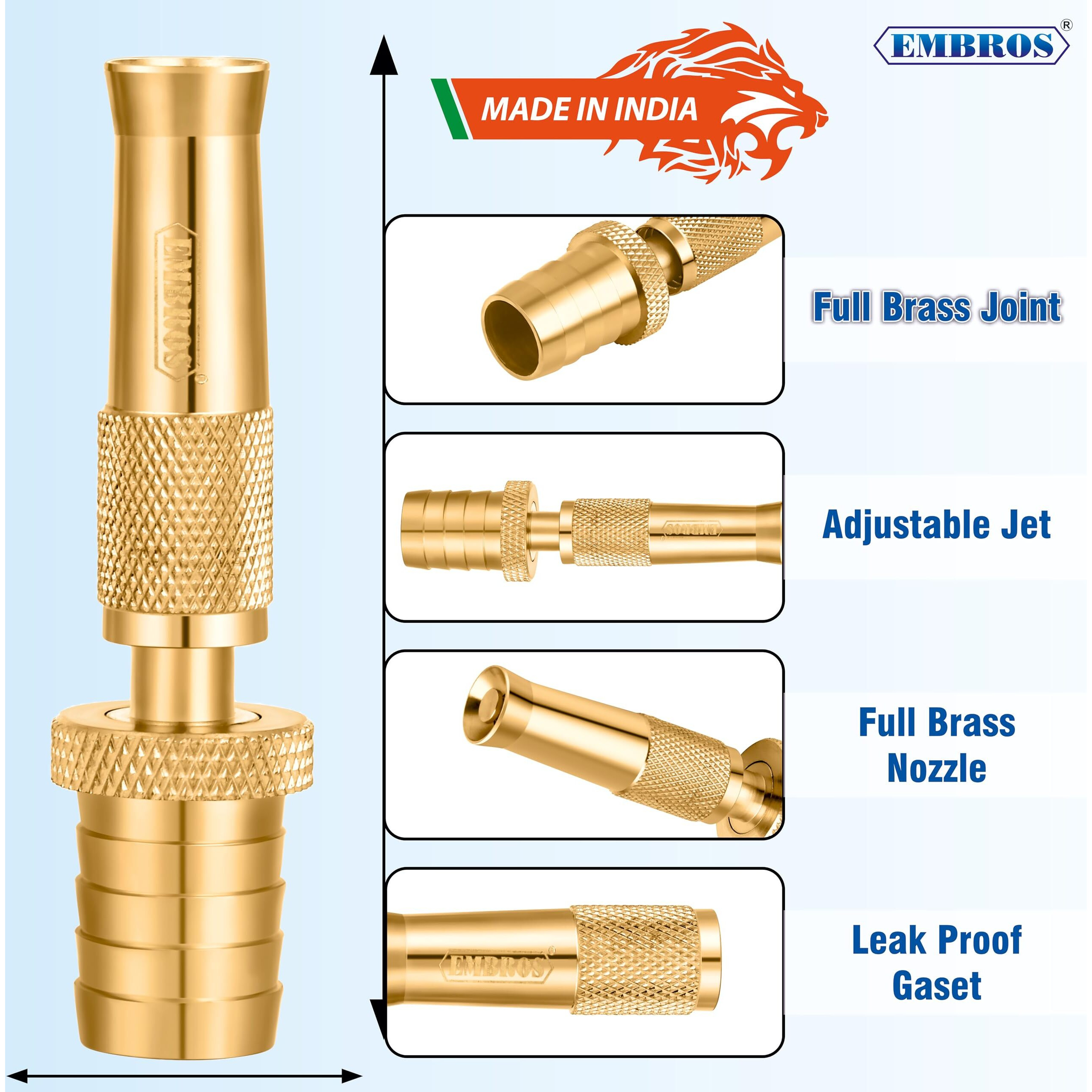 EMBROS Brass Water Spray Nozzle 3/4" Hose -Premium High-Pressure Adjustable Water Jet Spray Gun for Efficient Pressure Washing Car wash Bike wash or Window wash, pet cleaning, garden & watering plant