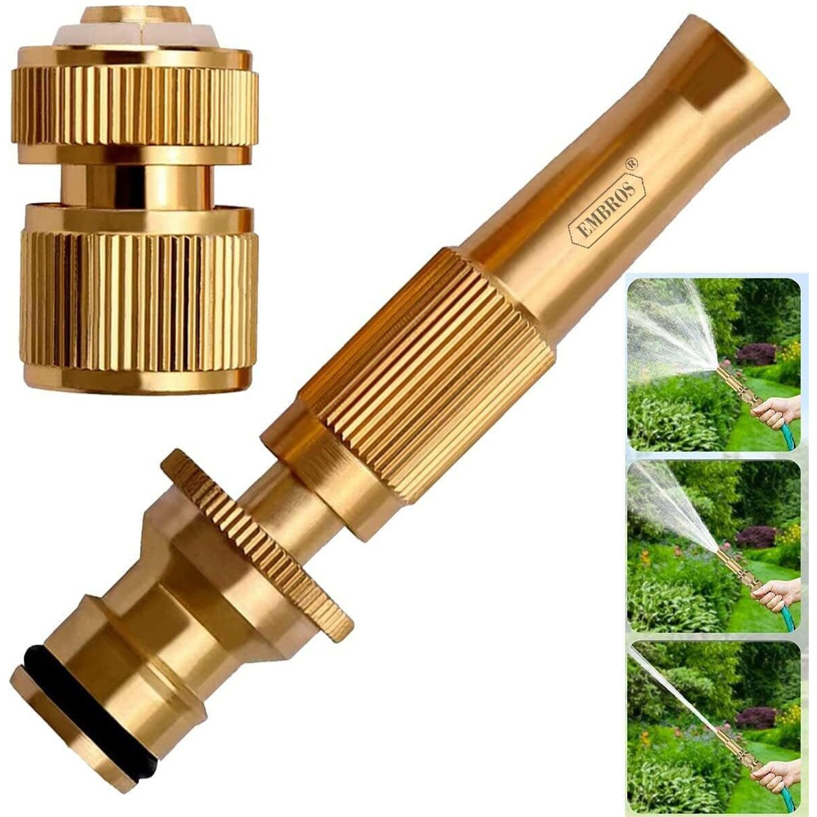 EMBROS Brass Water Spray Nozzle- High-Pressure Adjustable Water Jet Spray Gun for Efficient Pressure Washing Car wash Bike wash or Window wash, pet cleaning, garden & watering plant (1/2" PUSH TYPE)
