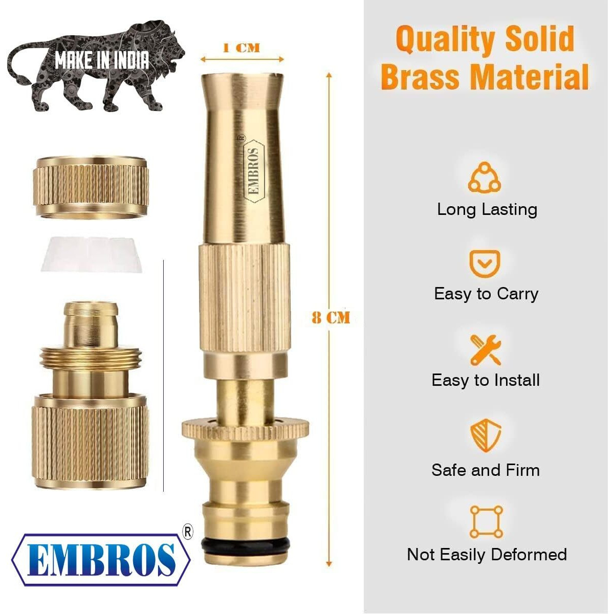 EMBROS Brass Water Spray Nozzle- High-Pressure Adjustable Water Jet Spray Gun for Efficient Pressure Washing Car wash Bike wash or Window wash, pet cleaning, garden & watering plant (1/2" PUSH TYPE)