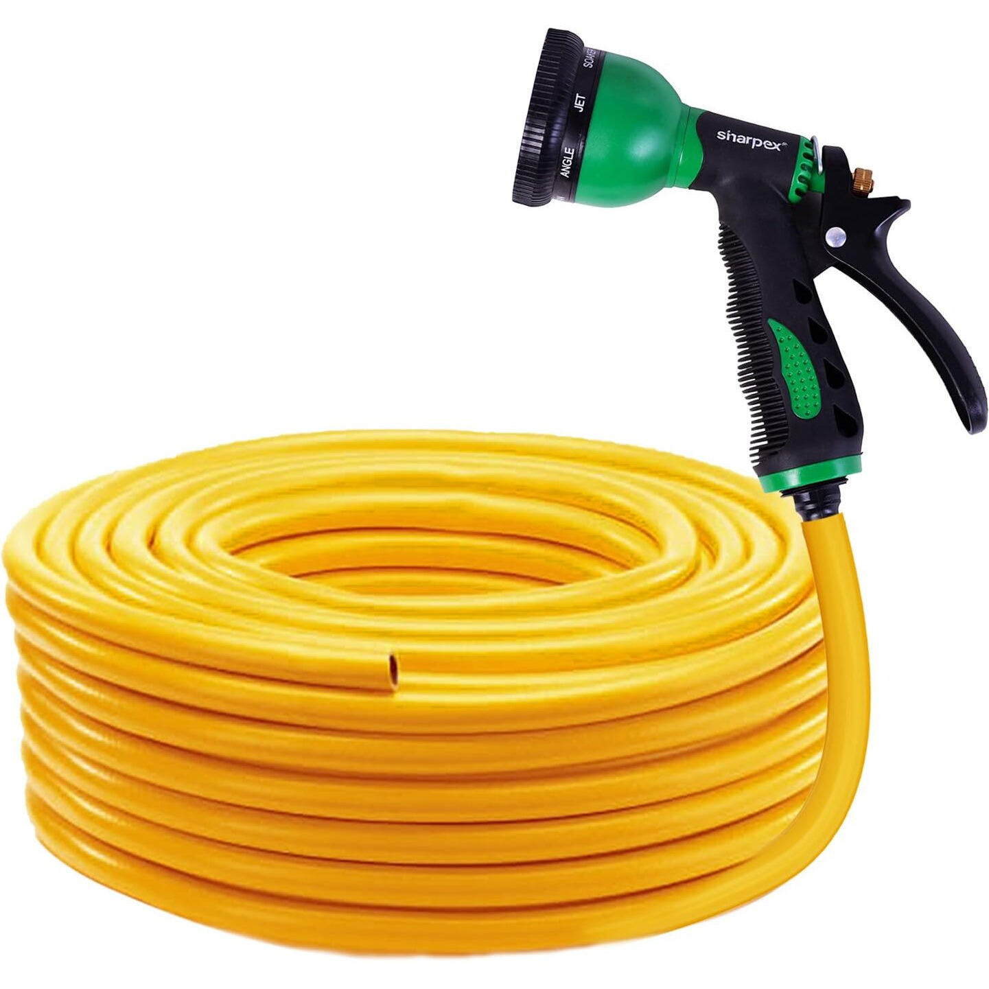 Sharpex Combo Of 8 Mode High-Pressure Water Gun Nozzle Spray And 20 MT Yellow Hose Pipe For Garden Hose, Lawn, Car Washing, Sprinkler Water Gun Heavy Duty 8 Mode Sprayer Nozzle (Black and Green)