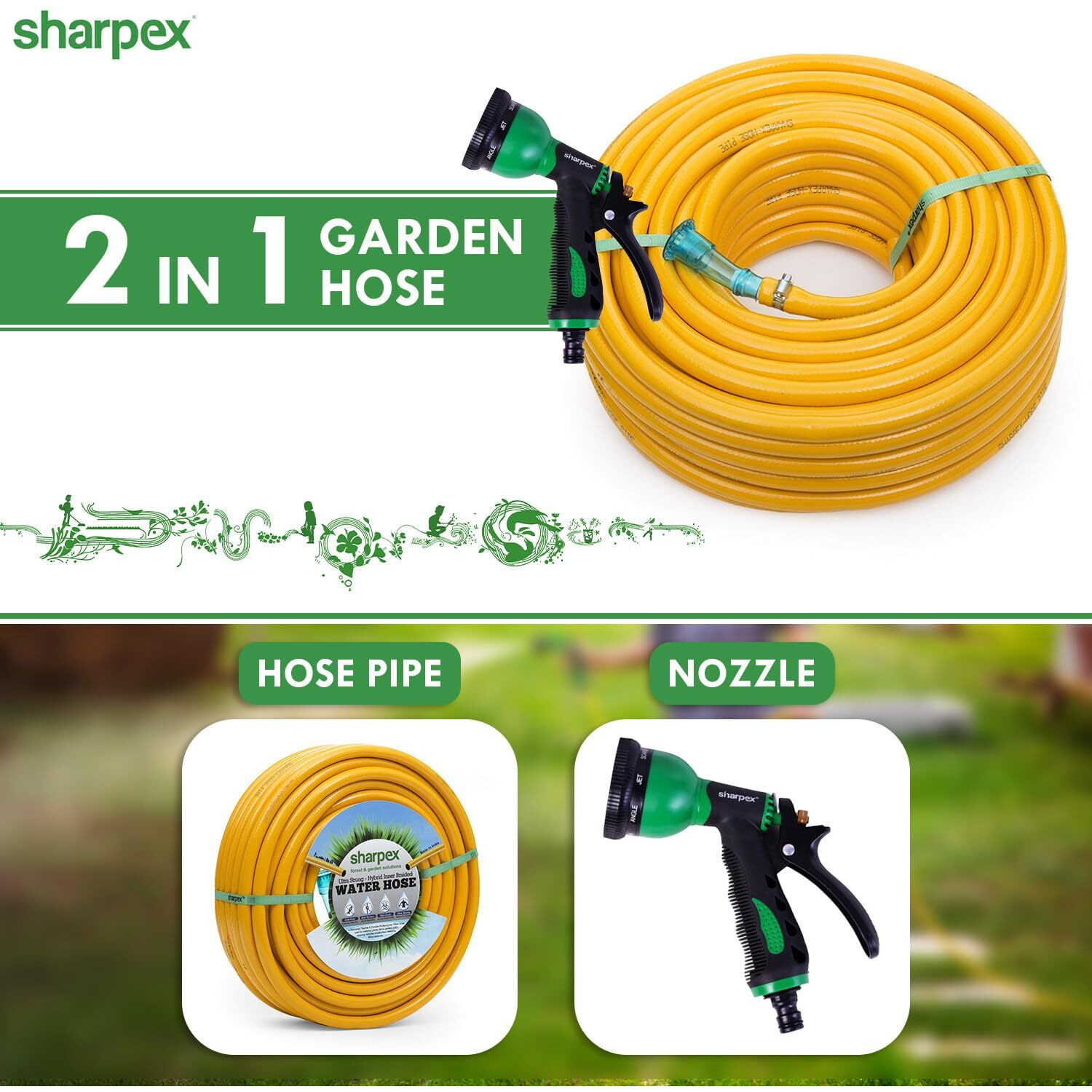 Sharpex Combo Of 8 Mode High-Pressure Water Gun Nozzle Spray And 20 MT Yellow Hose Pipe For Garden Hose, Lawn, Car Washing, Sprinkler Water Gun Heavy Duty 8 Mode Sprayer Nozzle (Black and Green)