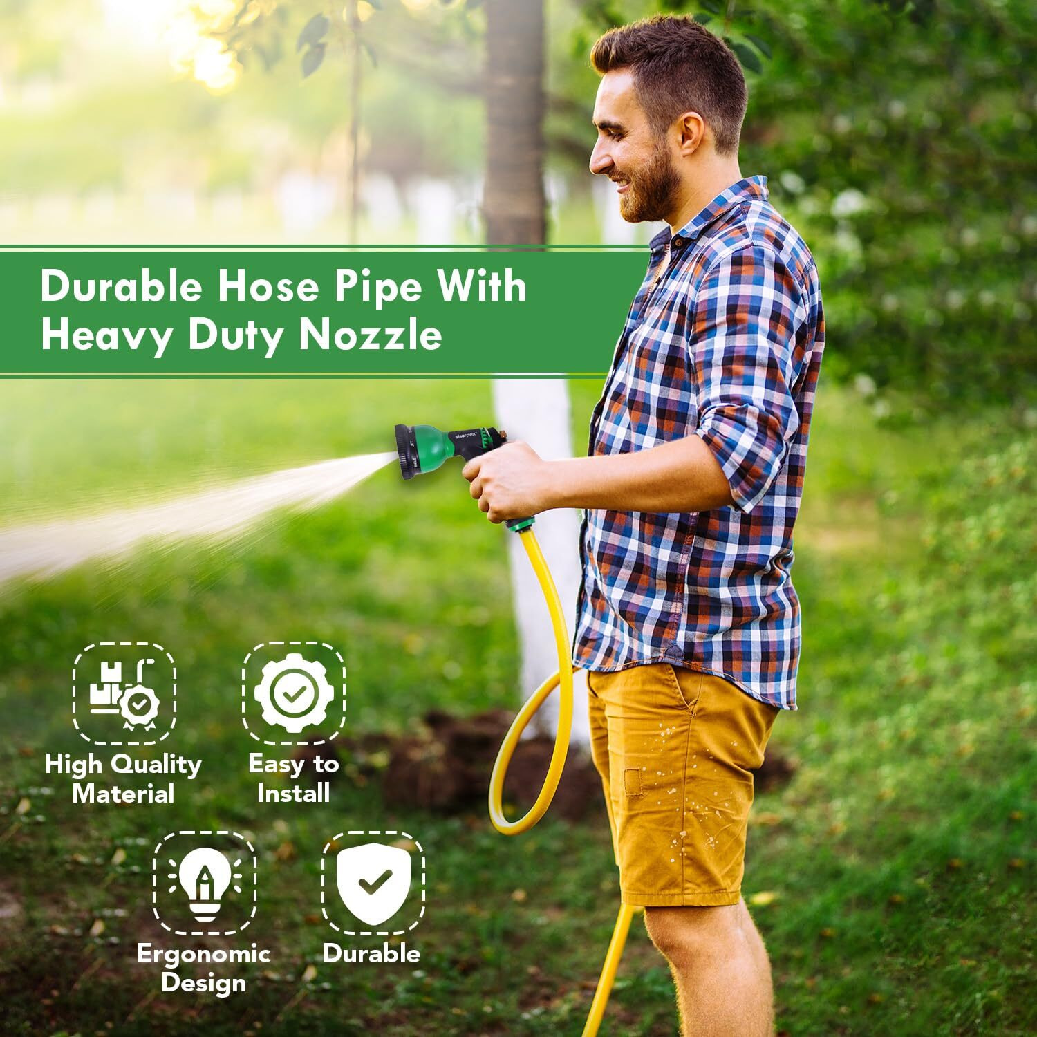 Sharpex Combo Of 8 Mode High-Pressure Water Gun Nozzle Spray And 20 MT Yellow Hose Pipe For Garden Hose, Lawn, Car Washing, Sprinkler Water Gun Heavy Duty 8 Mode Sprayer Nozzle (Black and Green)