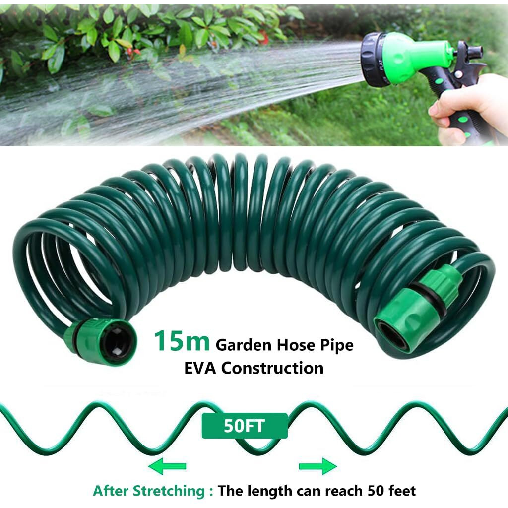 HASTHIP 50ft/15m Garden Hose Pipe with 7 Function Sprayer Gun, Expandable EVA Lightweight Anti-Kink Flexible Water Hose with 3/8'' Quick Connector & Sprinkler for Home Garden Car Washing Pet Bathing
