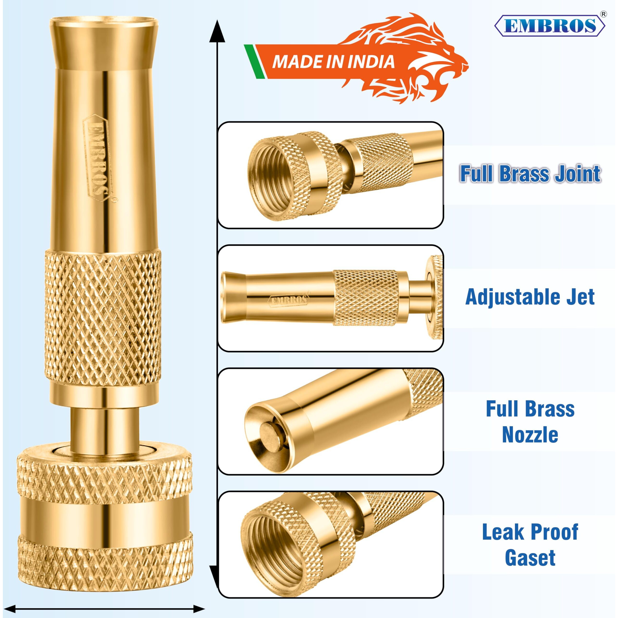 EMBROS Brass Water Spray Nozzle 1/2" Hose -Gadi dhone wala pressure nozzle,Water Jet Spray Gun for Efficient Pressure Washing Car wash Bike wash or Window wash, pet cleaning, garden & watering plant