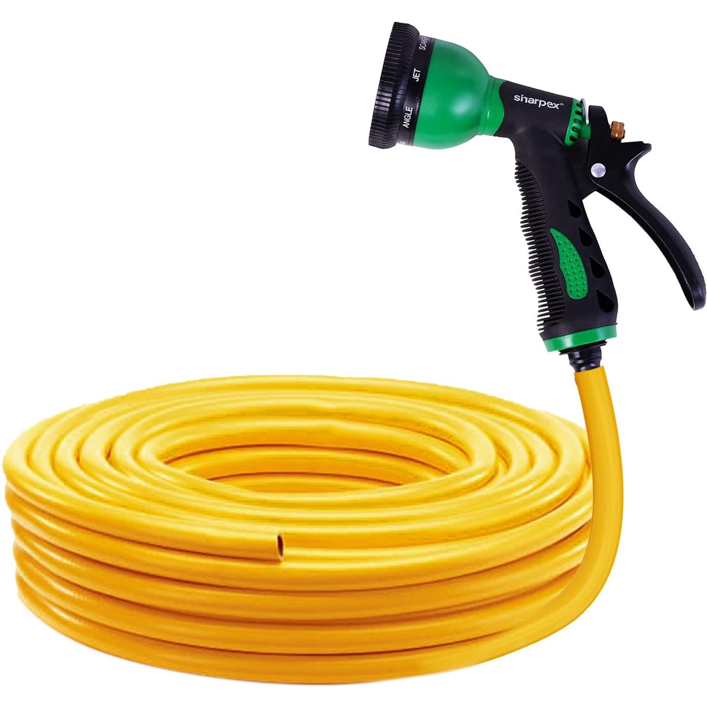 Sharpex Combo Of 8 Mode High-Pressure Water Gun Nozzle Spray And 30 MT Yellow Hose Pipe For Garden Hose, Lawn, Car Washing, Sprinkler Water Gun Heavy Duty 8 Mode Sprayer Nozzle (Black and Green)