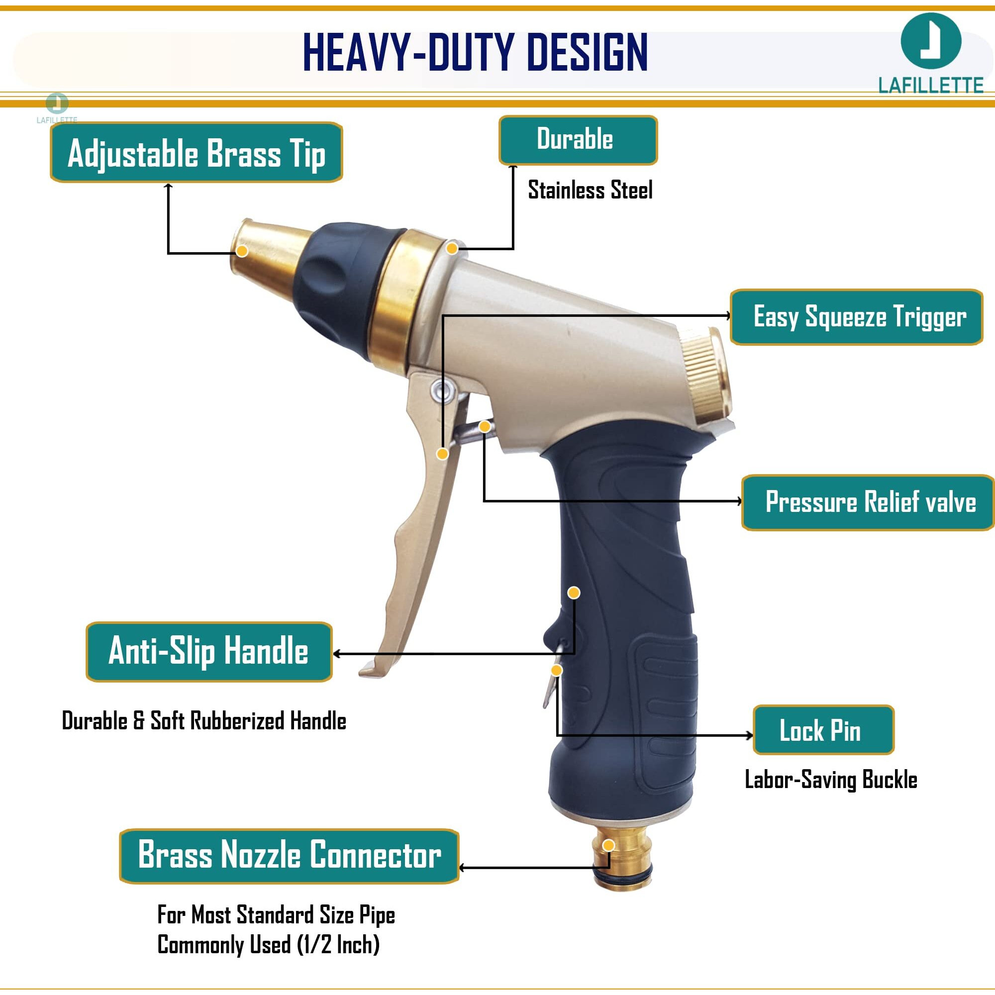 LAFILLETTE High Pressure Pure Copper Golden Water Gun Multi Function Easy Install Garden Water Spray Gun