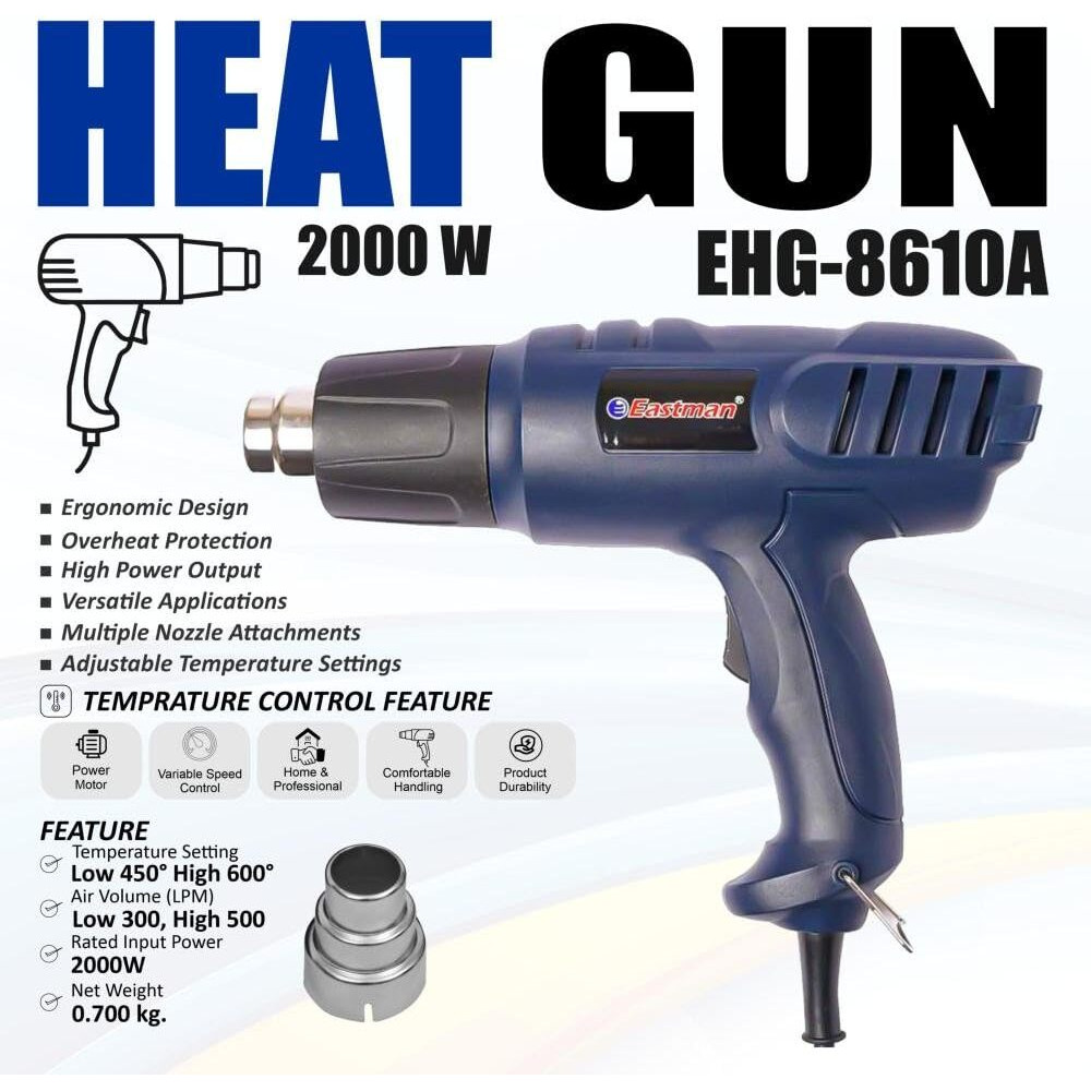 Eastman Heat Gun/Hot Air Gun With Temperature Setting, 2000 Watt Power with Two Airflow Speeds for Shrink Wrapping, Defrost Water Pipes, Color Blue EHG-8610A