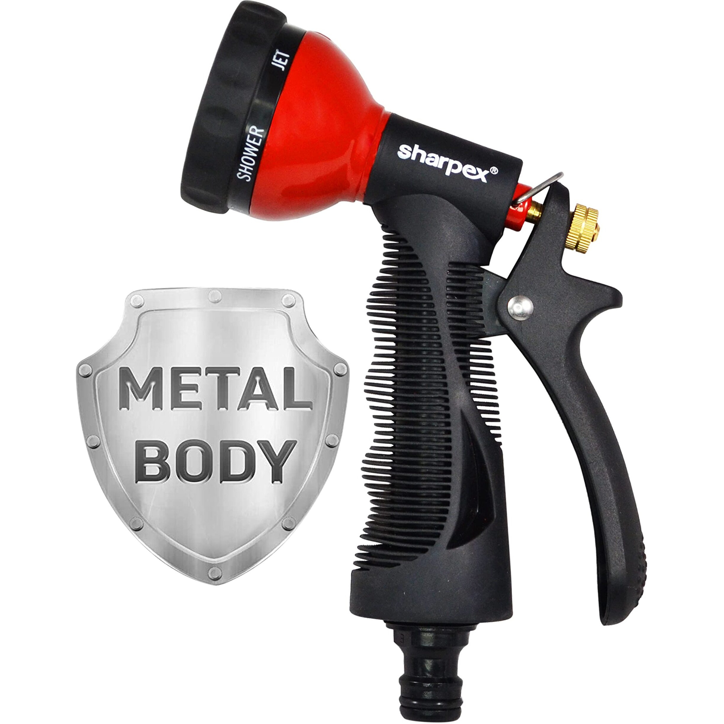 Sharpex High Pressure Water Gun Nozzle Spray for Garden Hose, Lawn, Car Washing, Bike Washer, Pets cleaning Sprinkler Water Gun - Heavy Duty Multi Adjustable Sprayer Nozzle For Pipe (Red), Metal