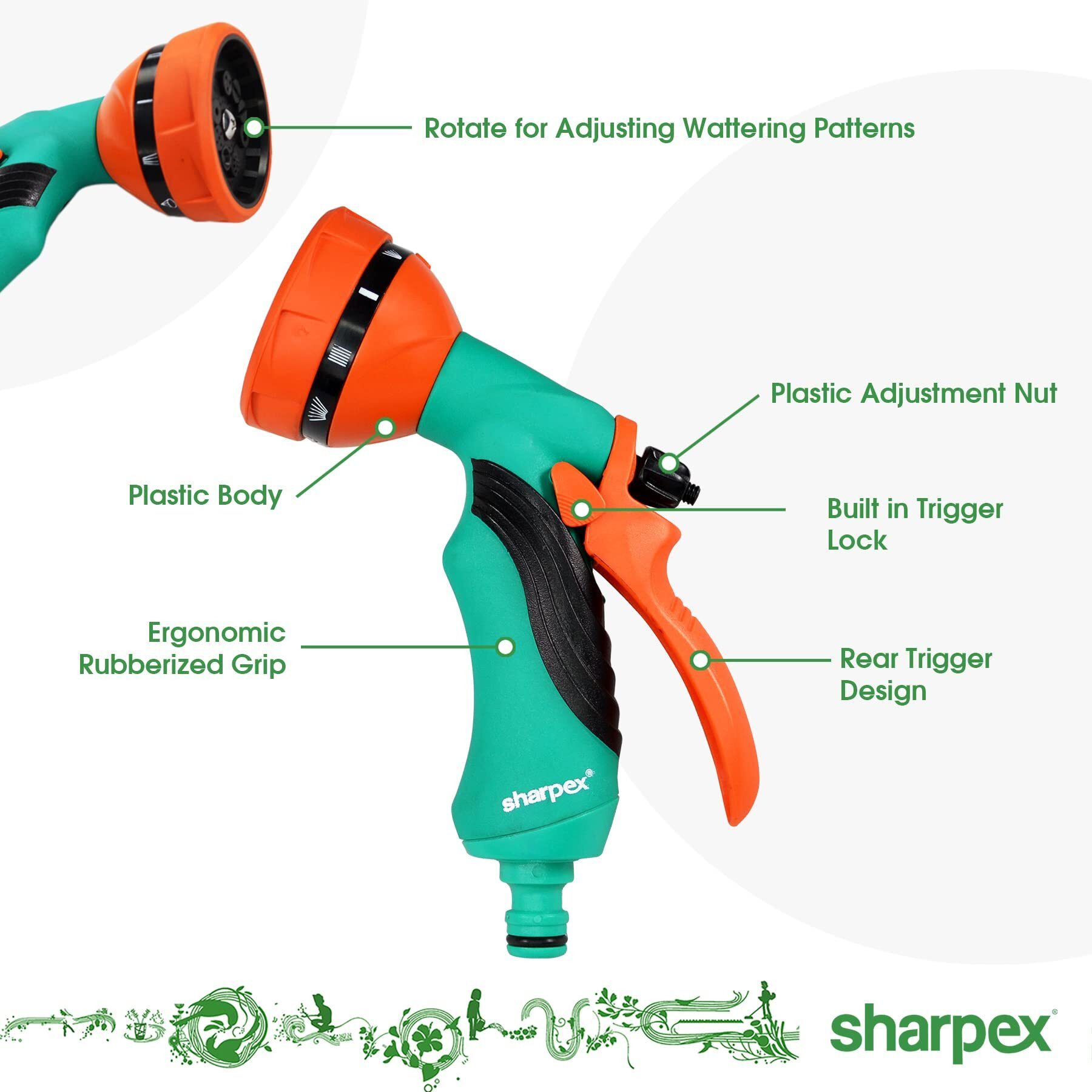 Sharpex 10 Mode Water Spray Gun for Garden Hose Nozzle, Lawn, Pet Cleaning, Car Washer, Bike Washing Spray Gun - Heavy Duty Multi Adjustable 10 Mode High Pressure Water Sprayer Gun (Orange Green)
