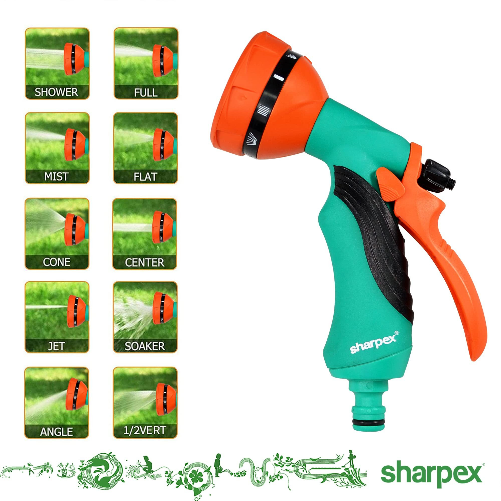Sharpex 10 Mode Water Spray Gun for Garden Hose Nozzle, Lawn, Pet Cleaning, Car Washer, Bike Washing Spray Gun - Heavy Duty Multi Adjustable 10 Mode High Pressure Water Sprayer Gun (Orange Green)