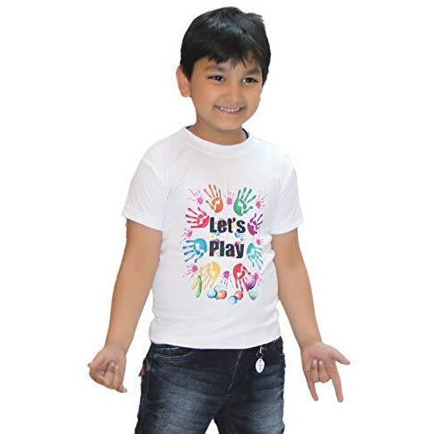 Kaku Fancy Dresses Printed White Holi T-Shirt Costume for Boys & Girls (Lets Play_20-26 Years)