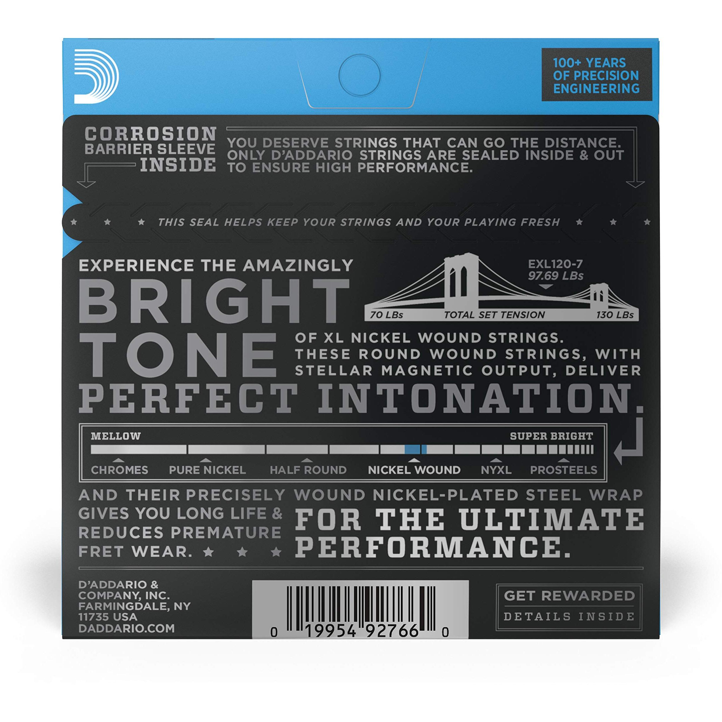 DAddario EXL120-7 Nickel Wound 7-String Electric Guitar Strings, Super Light, 09-54