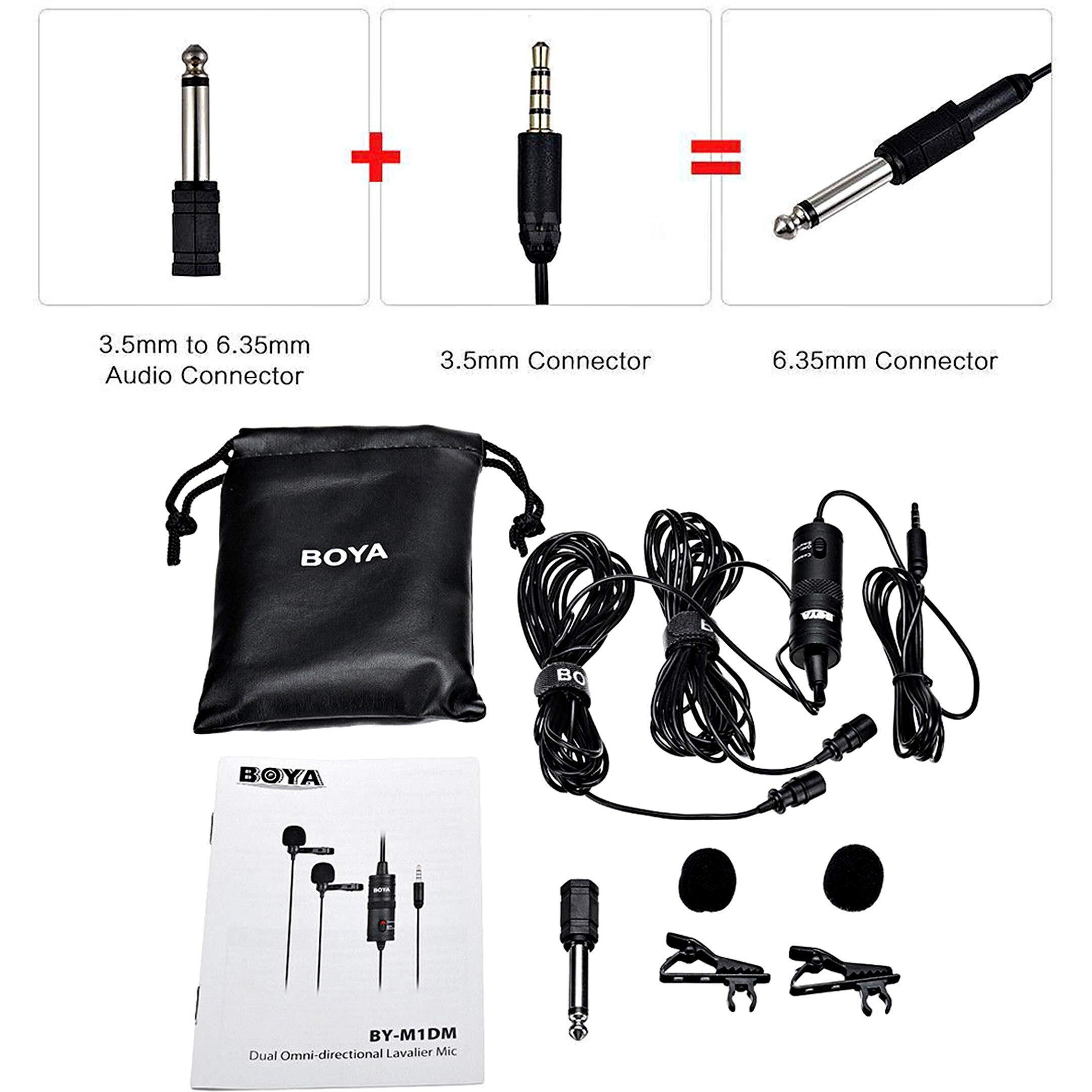Boya BY-M1DM Dual-Head Lavalier Auxiliary Microphone Lapel Clip-On Microphone, Omnidirectional Electret Condenser Mic, TRRS 3.5 Mm Jack, EXTREME-LonG Cable, For SmartPhones, DSLR, Camcorders Black