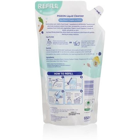 Pigeon Biodegradable Liquid Cleanser, For Baby Accessories, Fruits and Vegetables,100% Food Grade Ingredients, Anti-Bacterial, 650 ml, Refill Pack
