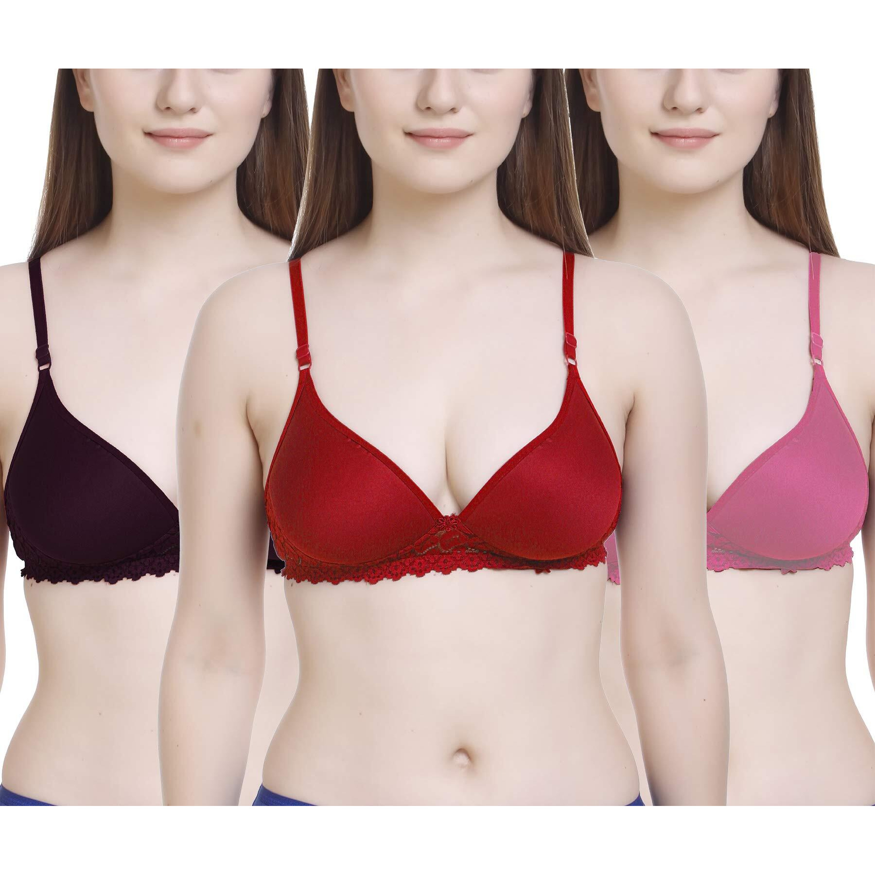FIMS - Fashion is my style Women s Cotton & Elastane Lightly Padded Non-Wired T-Shirt Bra (NewPaddedBra_Pink,Purple,RED_34_Pink, Purple, RED_34)