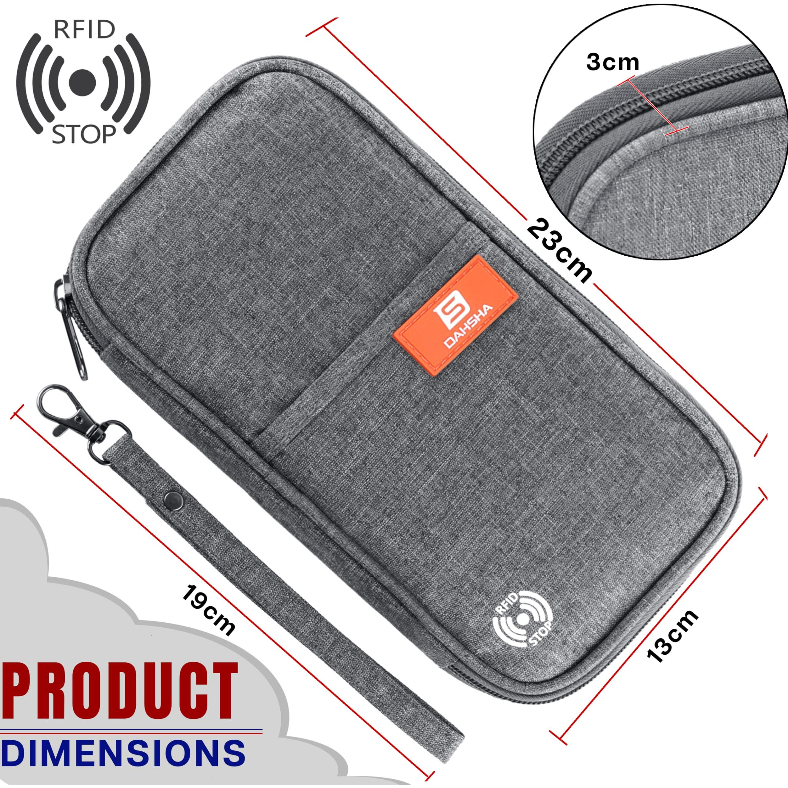 DAHSHA RFID Travel Family Passport Holder Card Holder Wallet Travel Accessories Document Organizer, Passport Cover, with Removable Hand Strap for Men and Women (Grey, 13 x 3 x 23 Cm)