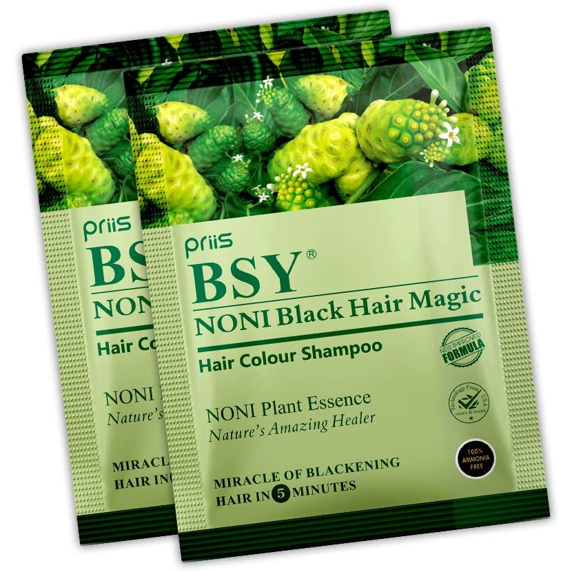 BSY Noni Black Hair Magic Hair color shampoo (20ml x 10 Sachets) | Ammonia Free Hair Color Shampoo for men,Natural Black Permanent Hair Dye Shampoo for women,Noni Fruit Hair Dye,Hair Coloring Shampoo