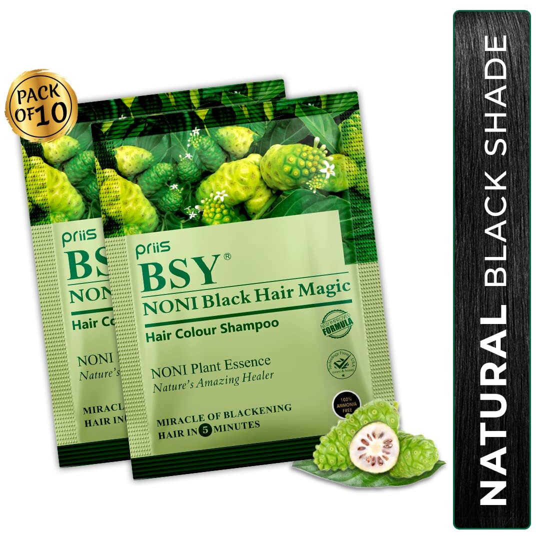 BSY Noni Black Hair Magic Hair color shampoo (20ml x 10 Sachets) | Ammonia Free Hair Color Shampoo for men,Natural Black Permanent Hair Dye Shampoo for women,Noni Fruit Hair Dye,Hair Coloring Shampoo